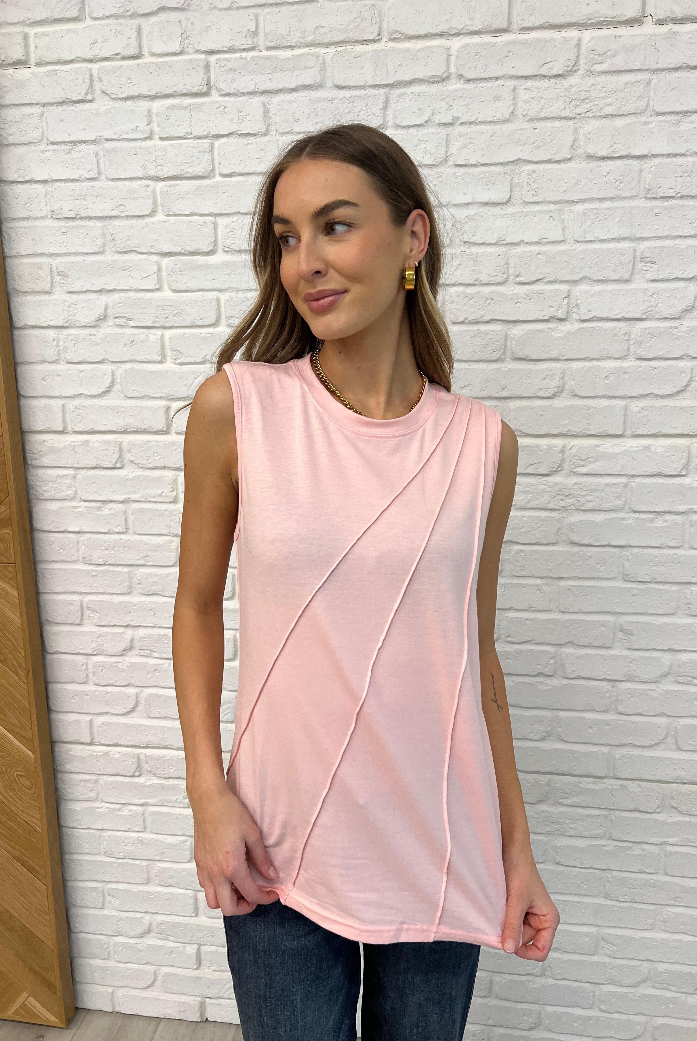 Pink Sleeveless Top with diagonal pleats
