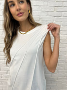 White Sleeveless Top with diagonal pleats