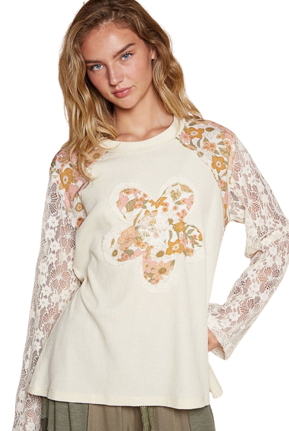 POL Flower Patch Lace Sleeve Knit Top in Cream