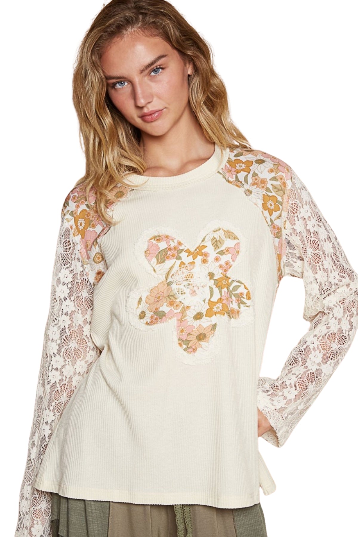 POL Flower Patch Lace Sleeve Knit Top in Cream