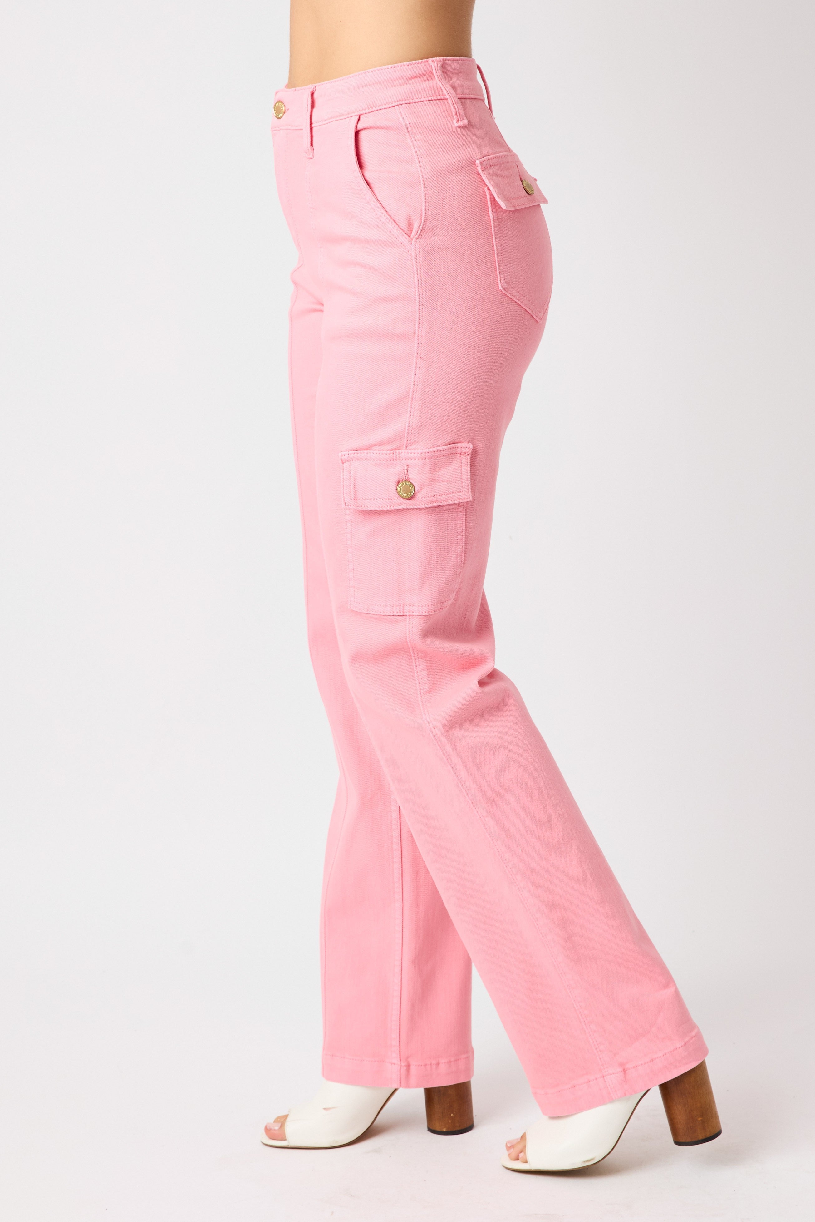 Judy Blue Peggy High Rise Cargo Straight Jeans in Pink