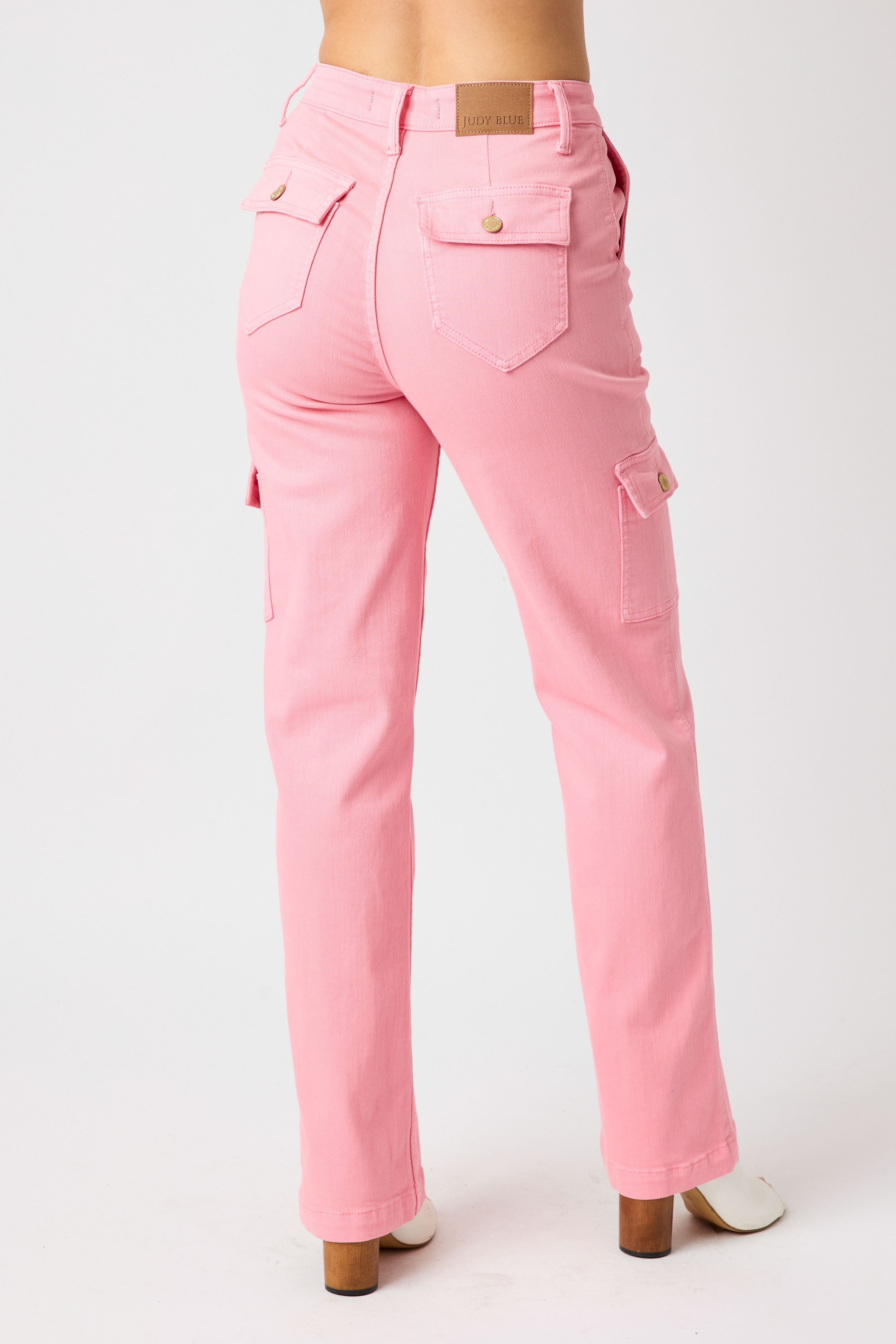 Judy Blue Peggy High Rise Cargo Straight Jeans in Pink