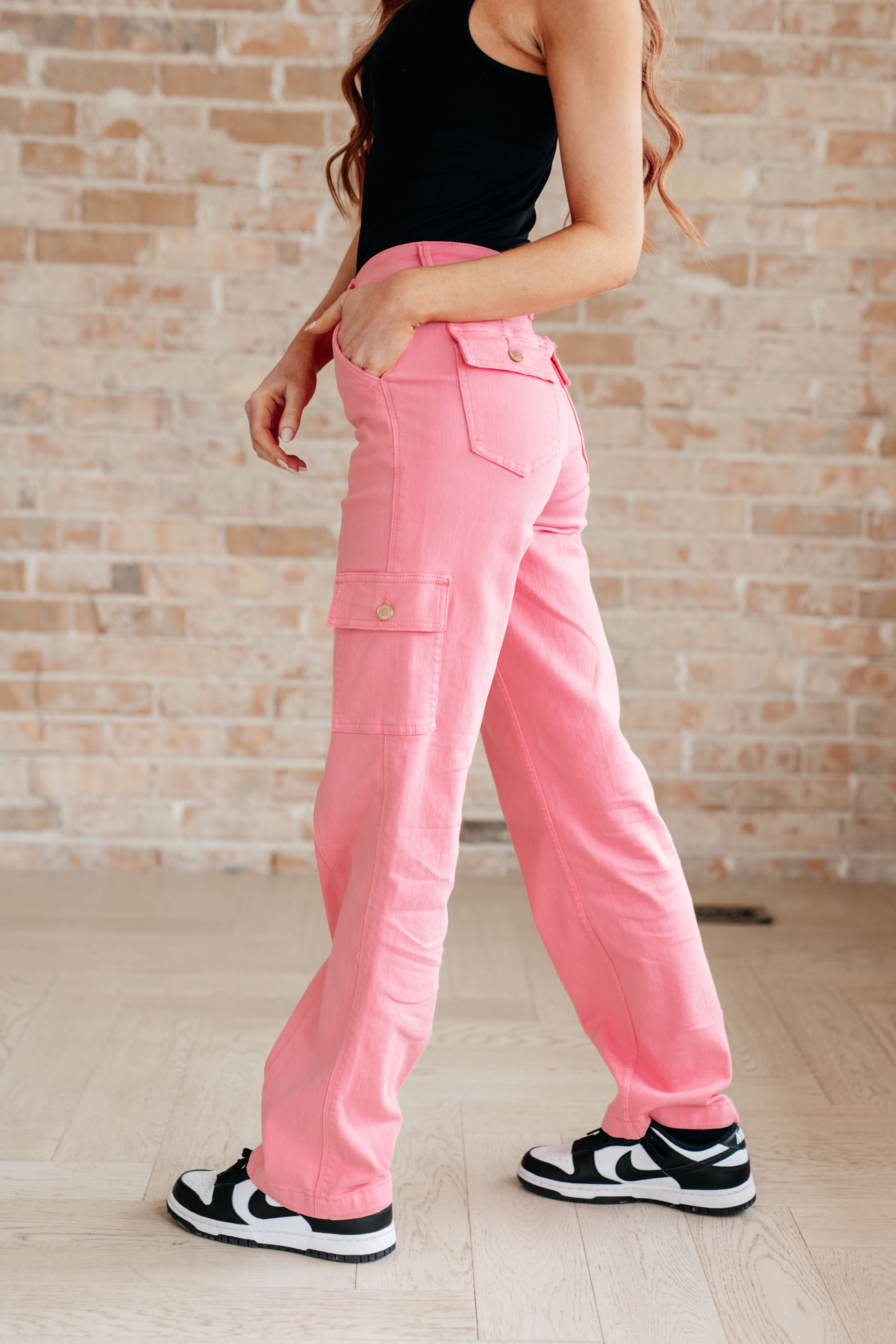 Judy Blue Peggy High Rise Cargo Straight Jeans in Pink