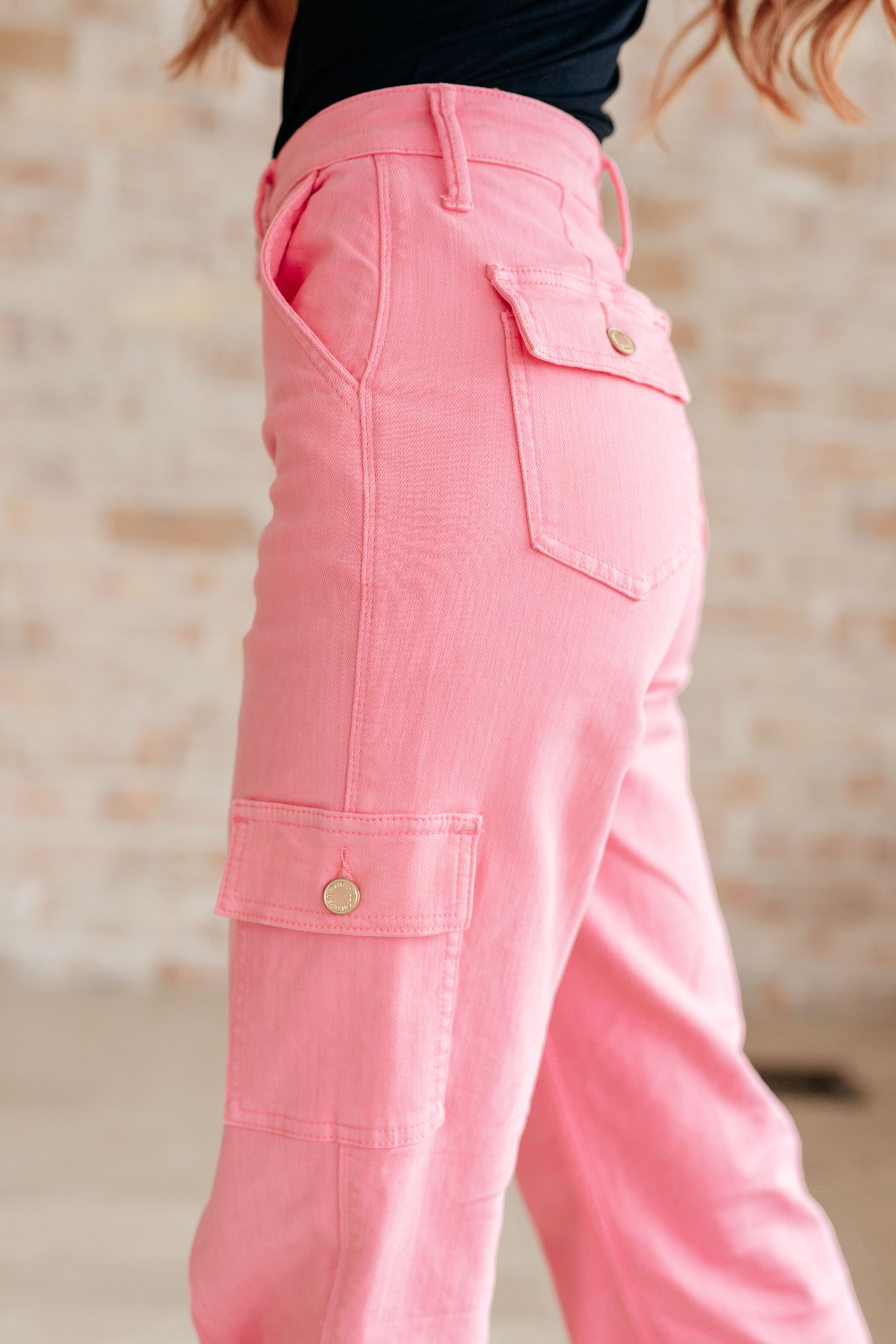 Judy Blue Peggy High Rise Cargo Straight Jeans in Pink detail picture
