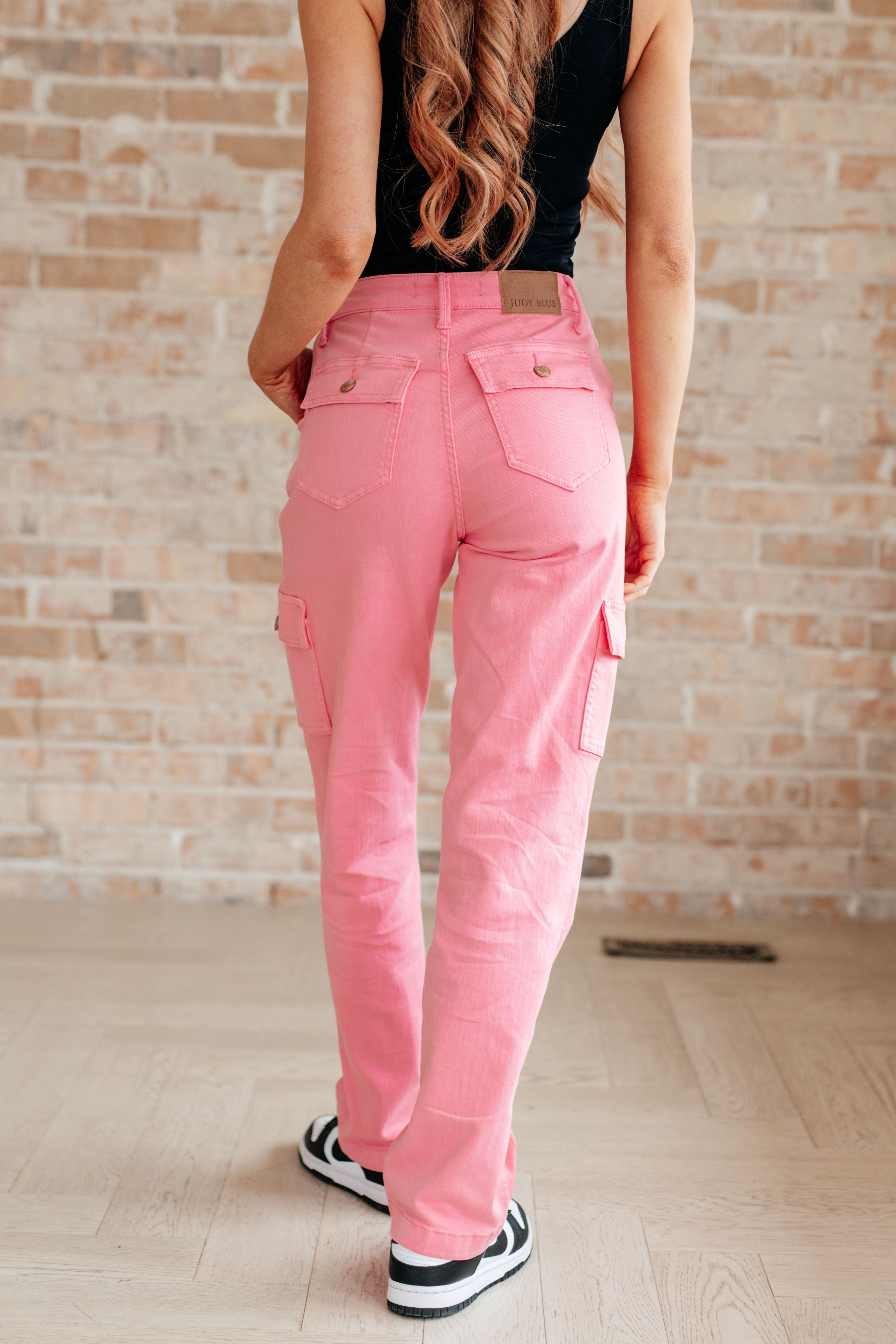 Judy Blue Peggy High Rise Cargo Straight Jeans in Pink
