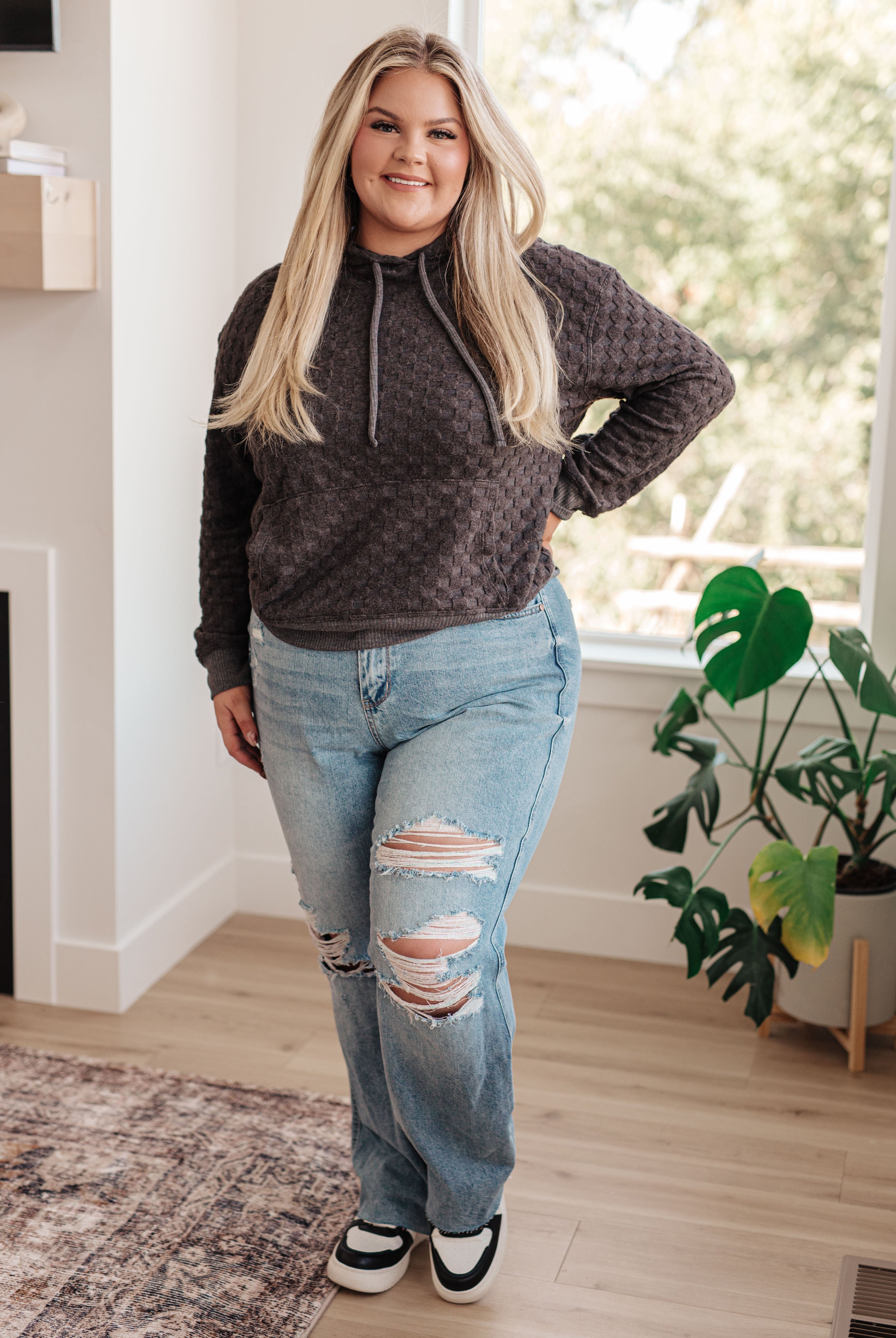 Judy Blue Ramona High Rise Rigid Magic Destroyed Straight Jeans on 14W plus model Kylie