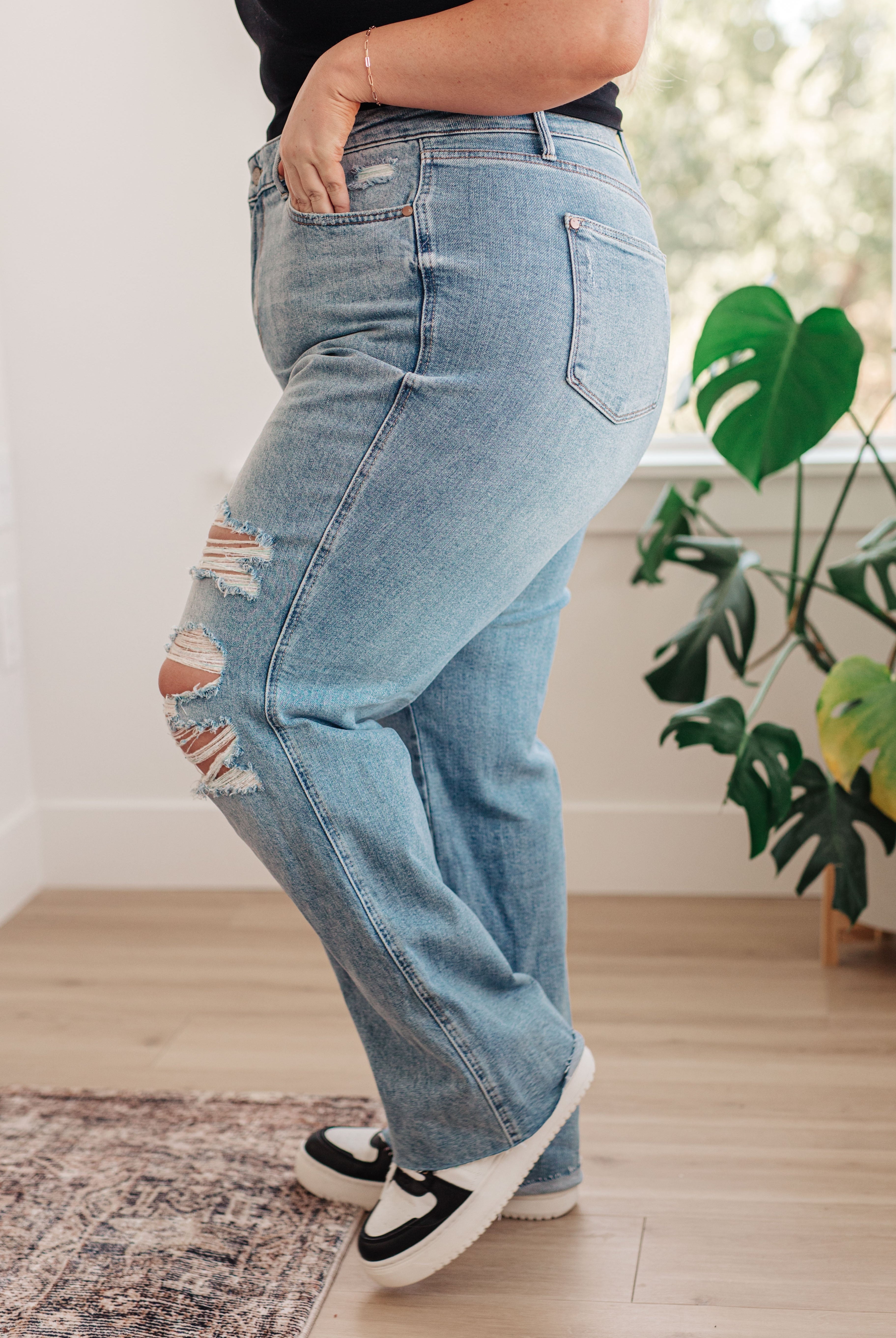 Judy Blue Ramona High Rise Rigid Magic Destroyed Straight Jeans-plus side view