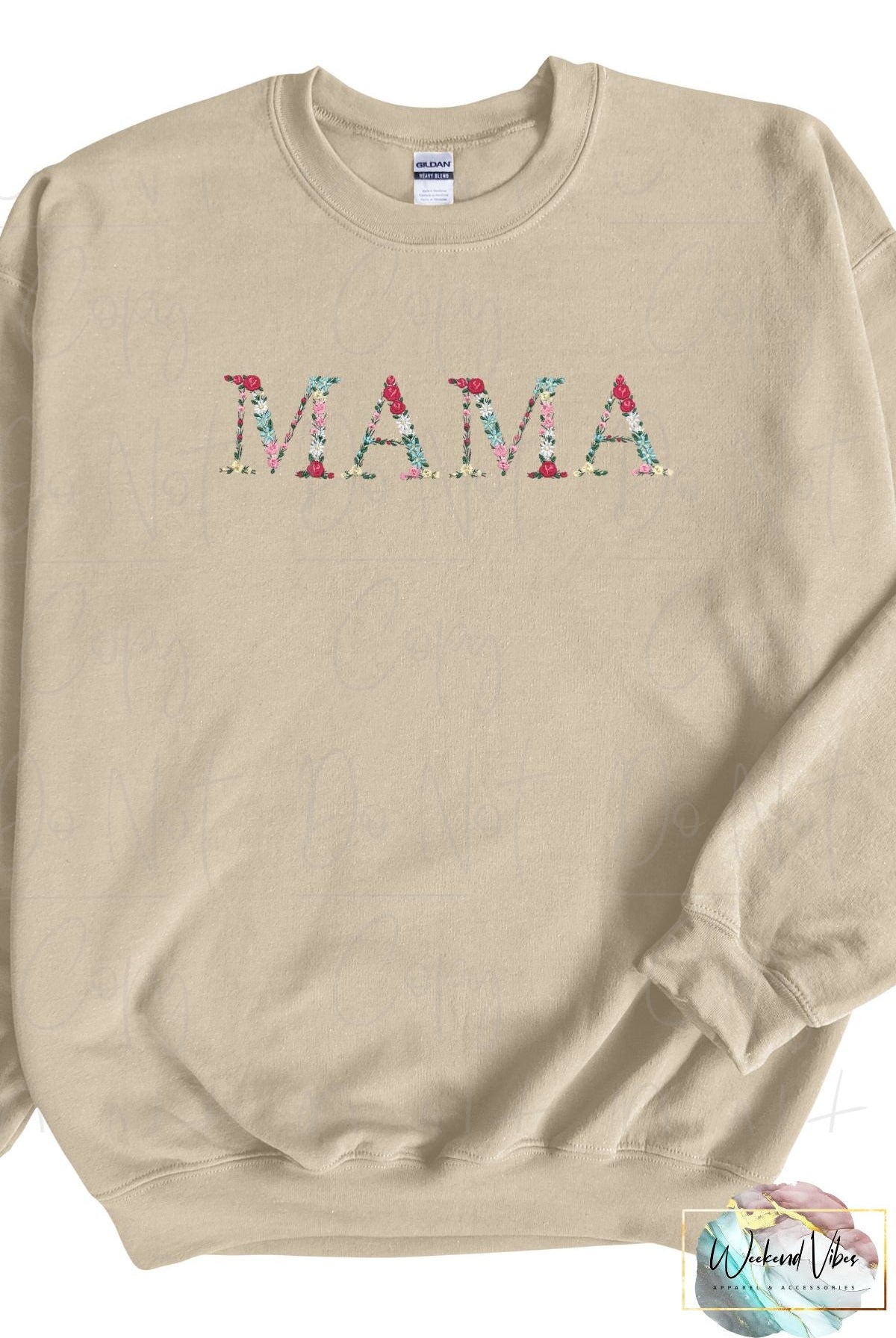 MAMA Embroidered Floral letters on tan (sand)  sweatshirt