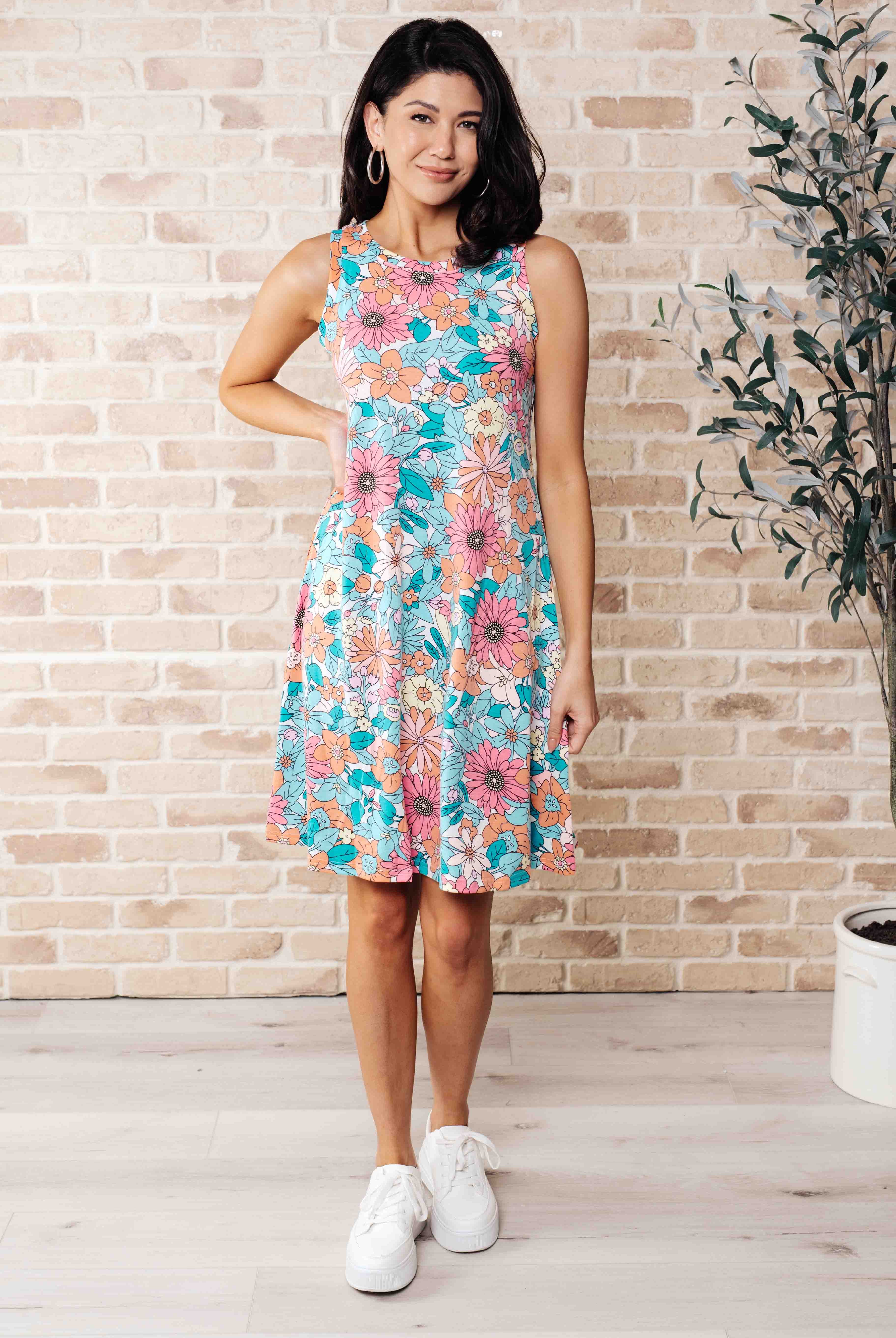Summer Garden Sleeveless Swing Dress in Teal, Pink & Orange