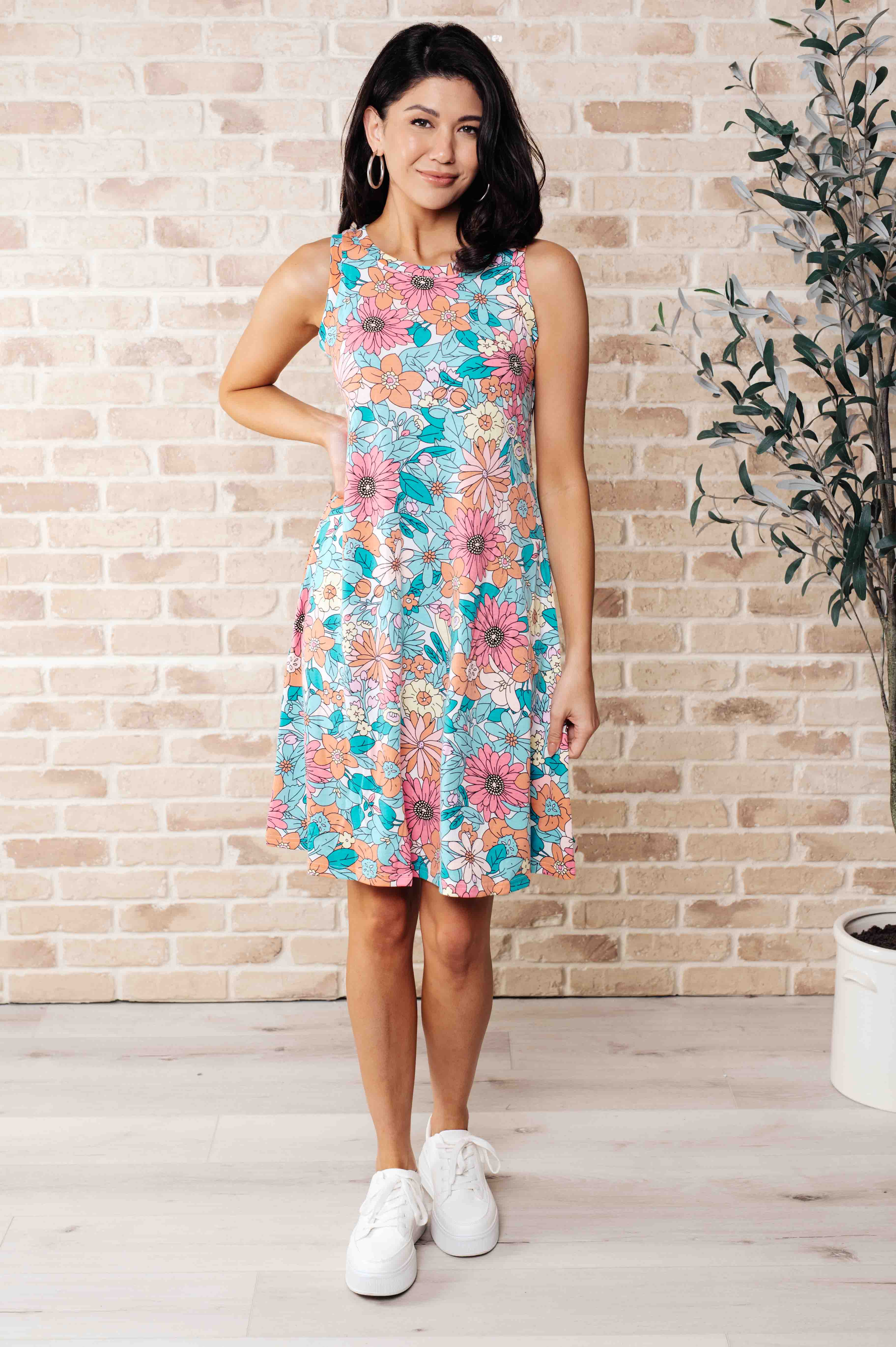 Summer Garden Sleeveless Swing Dress in Teal, Pink & Orange