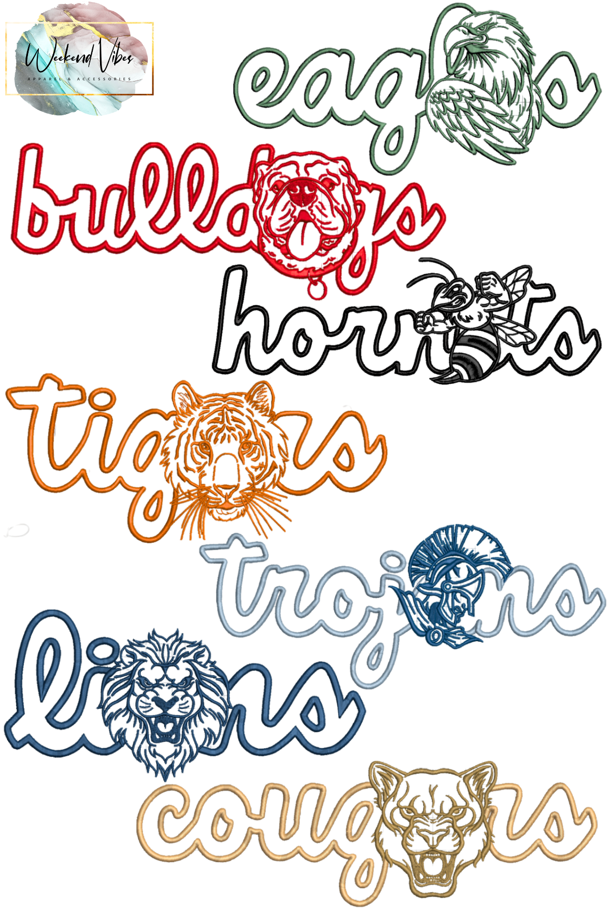Customizable embroidered sports mascot designs available. Image shows a collection of sports team logos with names on a white background. Choose your embroidery thread colors and sweatshirt color.