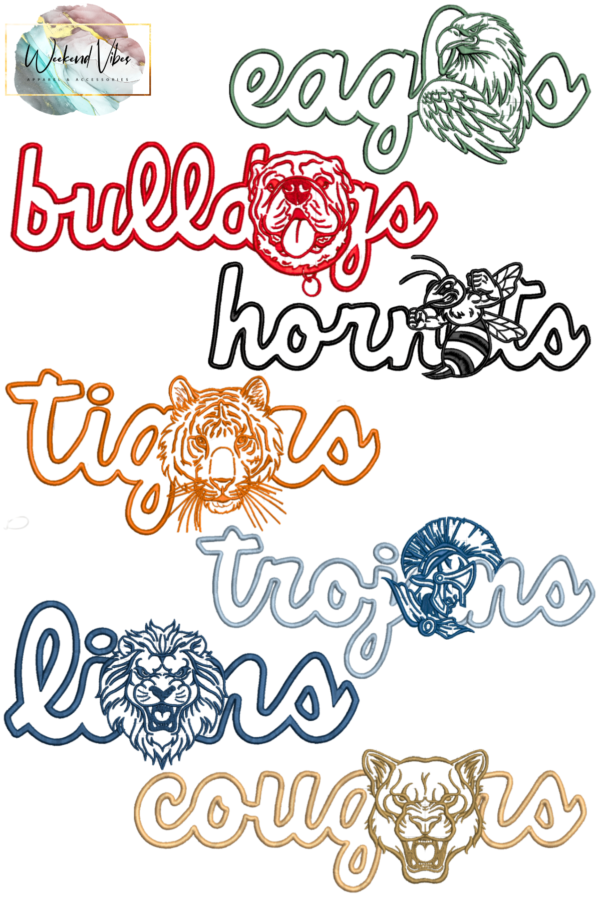 Customizable embroidered sports mascot designs available. Image shows a collection of sports team logos with names on a white background. Choose your embroidery thread colors and sweatshirt color.