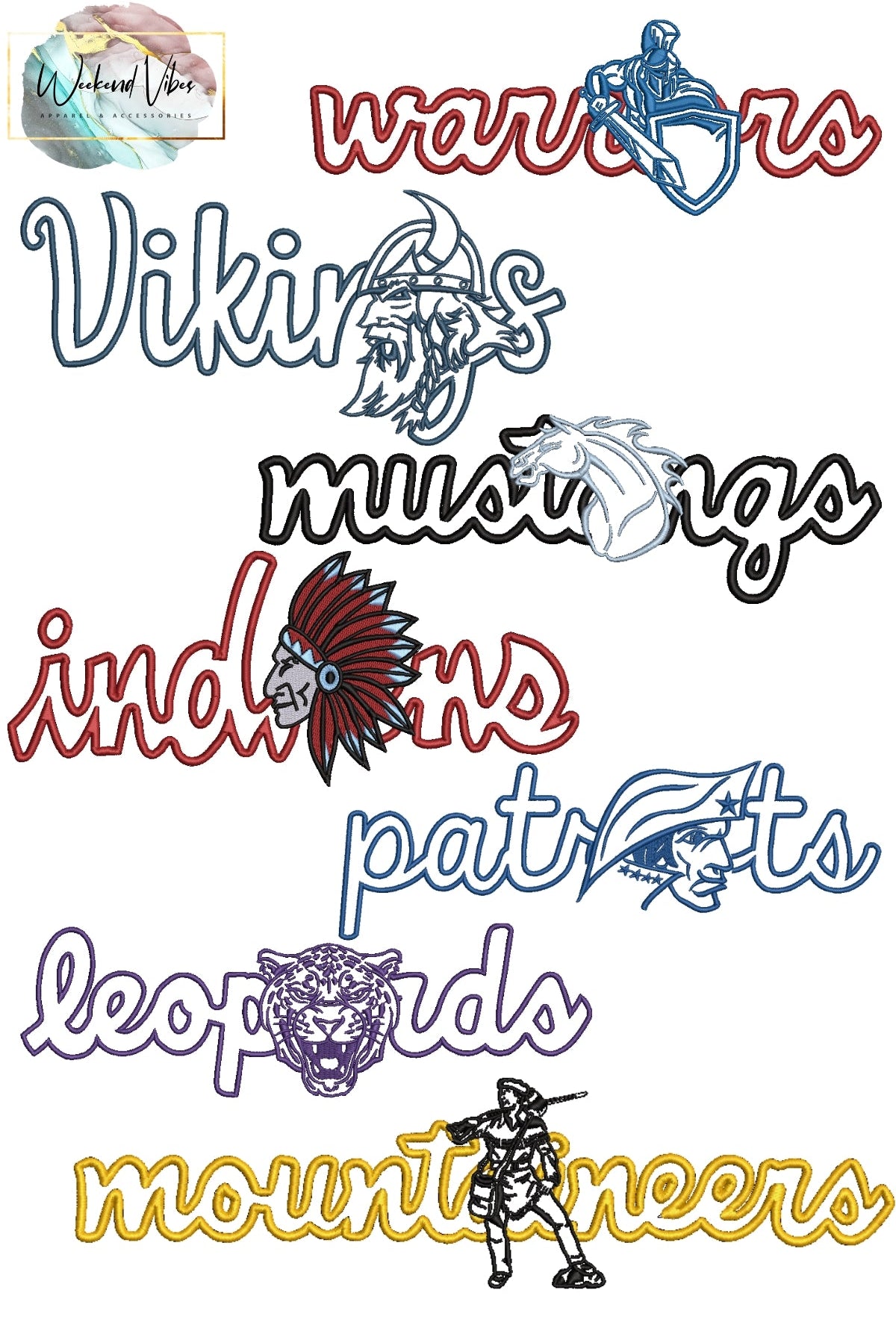 Customizable embroidered sports mascot designs available. Image shows a collection of sports team logos with names on a white background. Choose your embroidery thread colors.