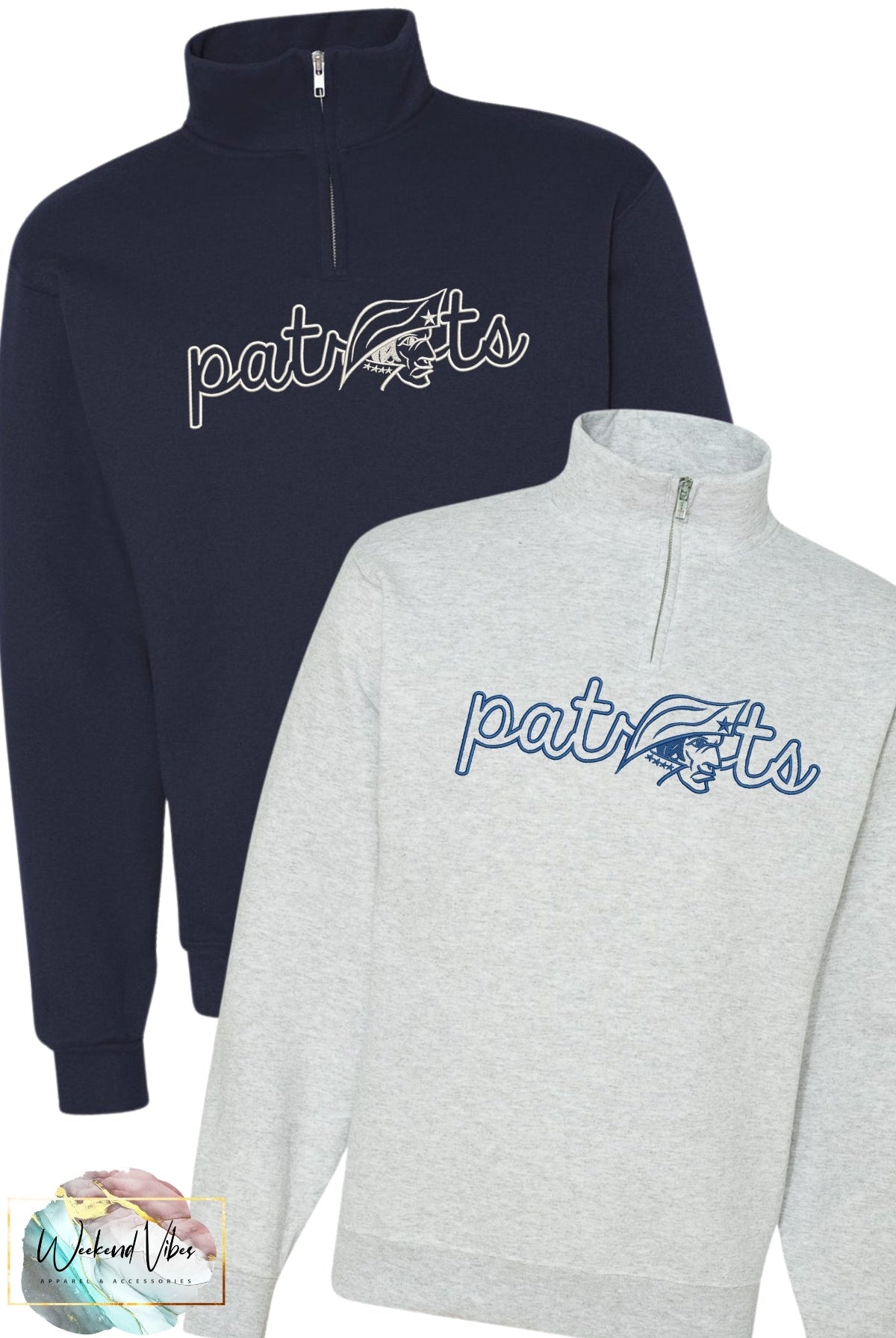 An embroidered  navy blue 1/4 zip sweatshirt and a 1/4 zip light gray sweatshirt. Both sweatshirts have "patriots" design on chest  with a patriot image covering the "io" of the word.
