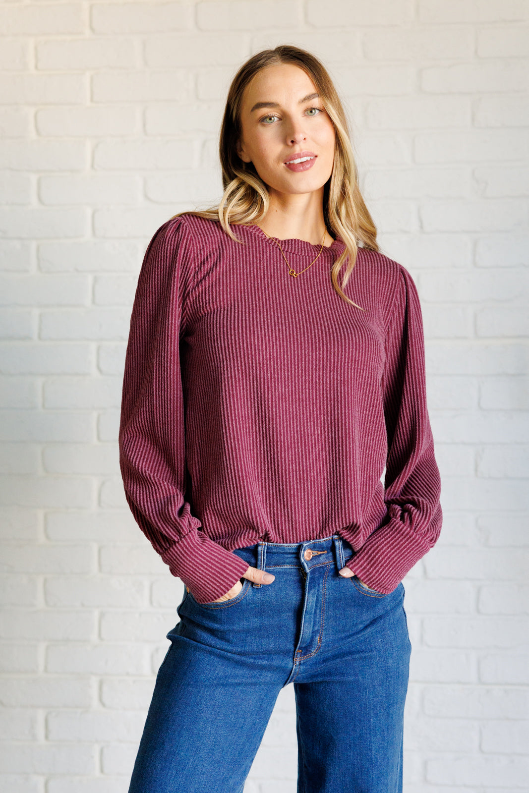 When the Sun Goes Down Mineral Wash Ribbed Knit Top in Wine on Casey