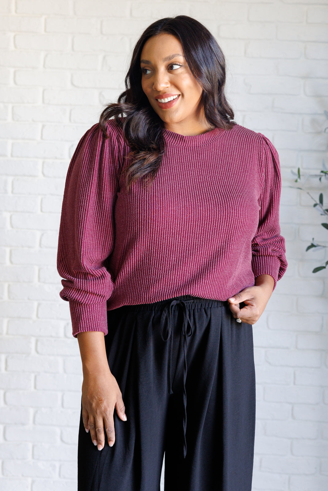 When the Sun Goes Down Mineral Wash Ribbed Knit Top in Wine on Krychele