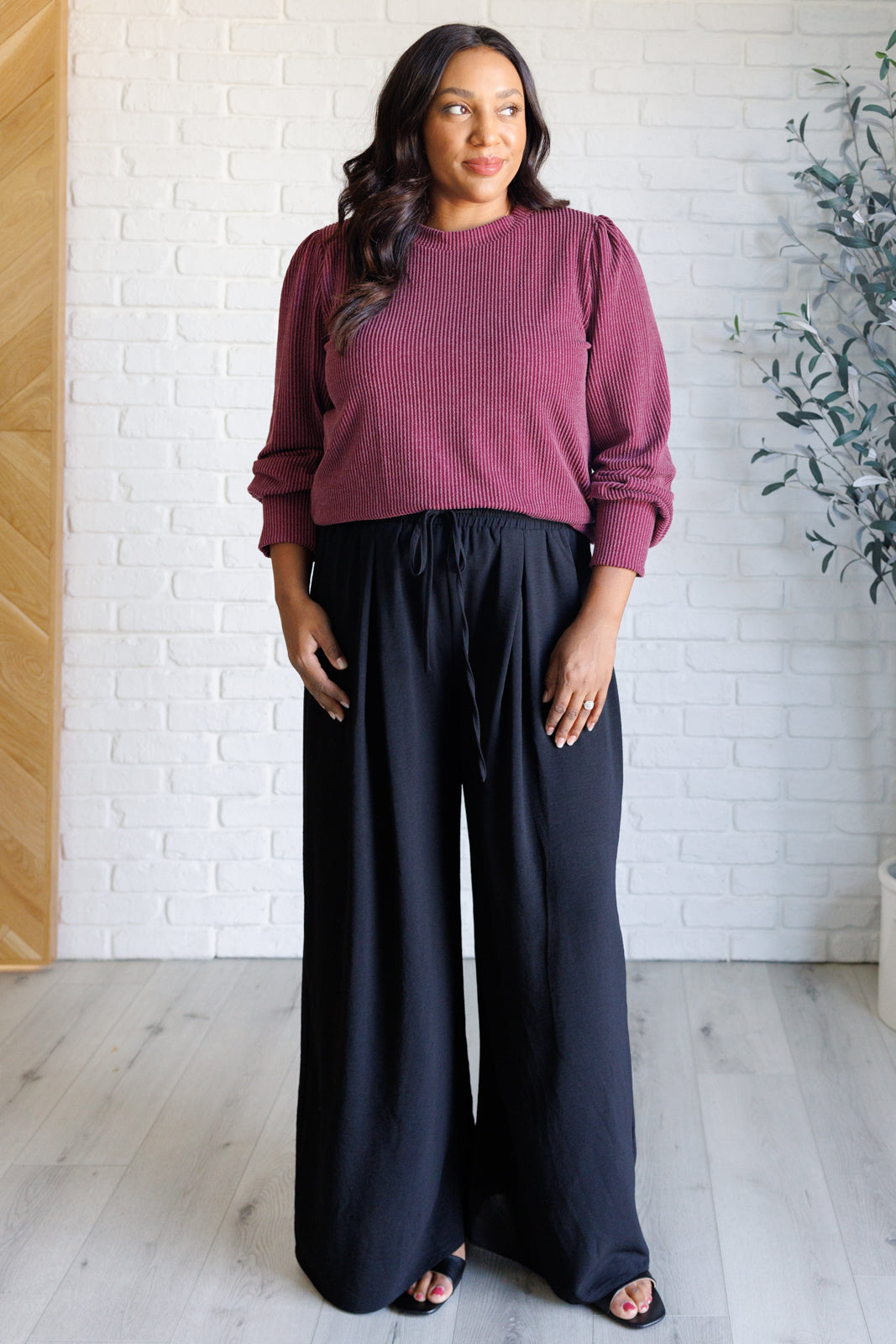 When the Sun Goes Down Mineral Wash Ribbed Knit Top in Wine on Krychele with dress pants