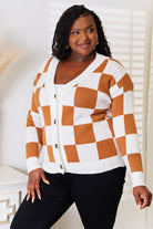 Checkered Brown Camel and White Cardigan with long sleeves on Model