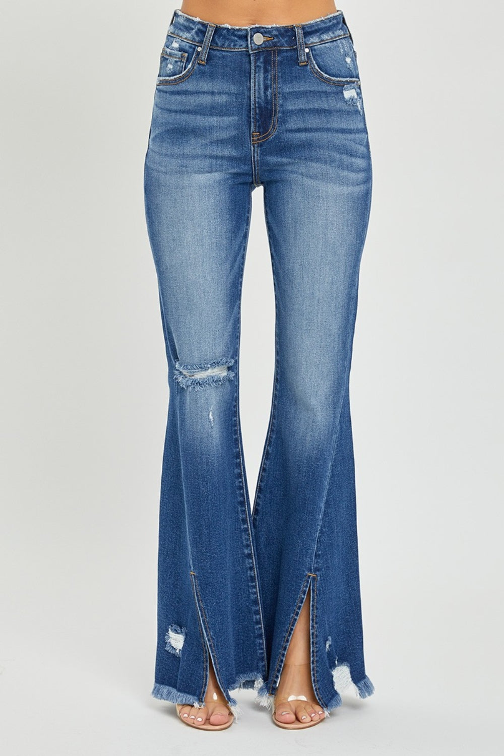 RISEN High Rise Front Slit Frayed Hem Flare Jeans in Dark Wash looks great with heels
