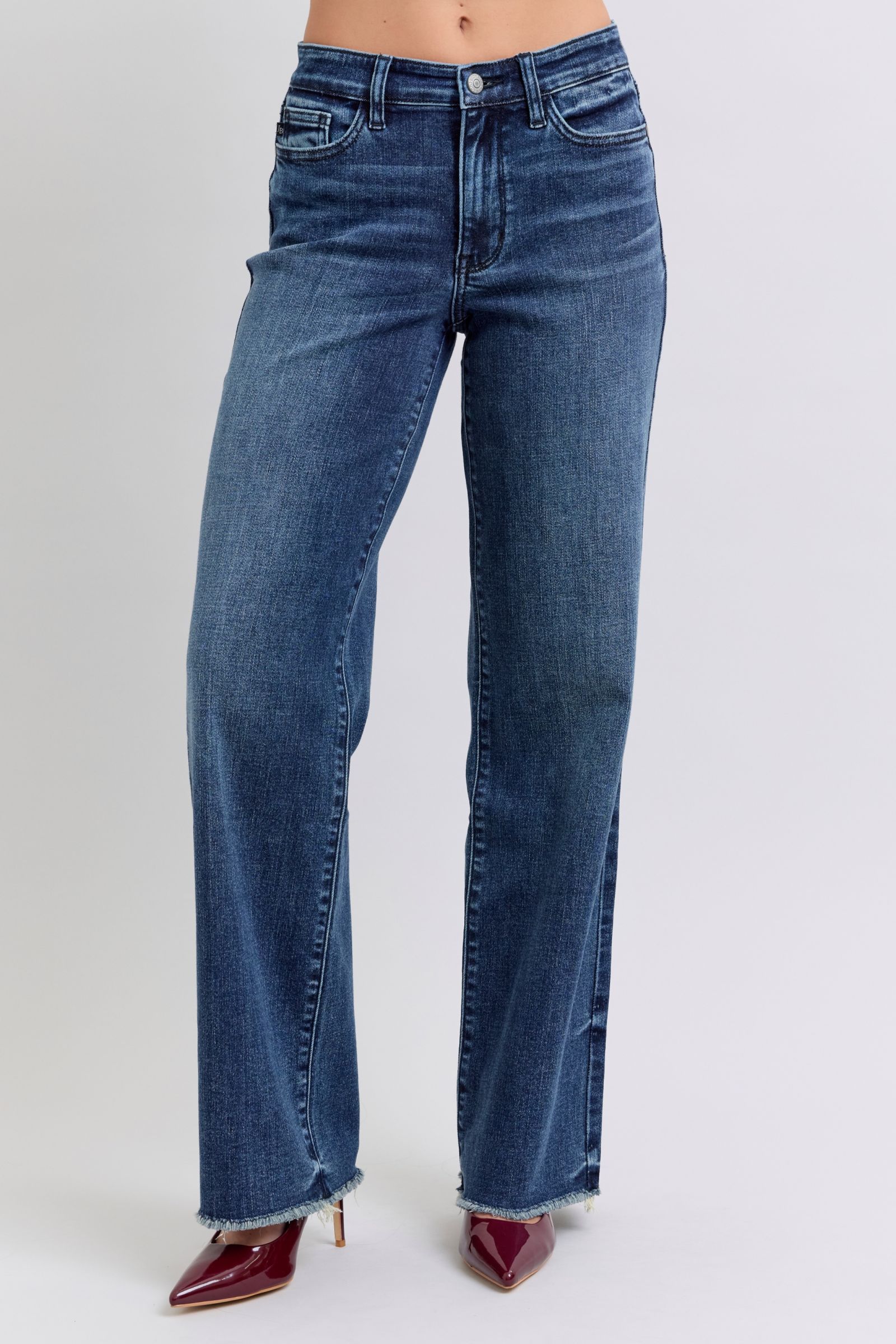 Judy Blue Raw Hem Mid Rise Boot Cut Jeans in Dark Wash