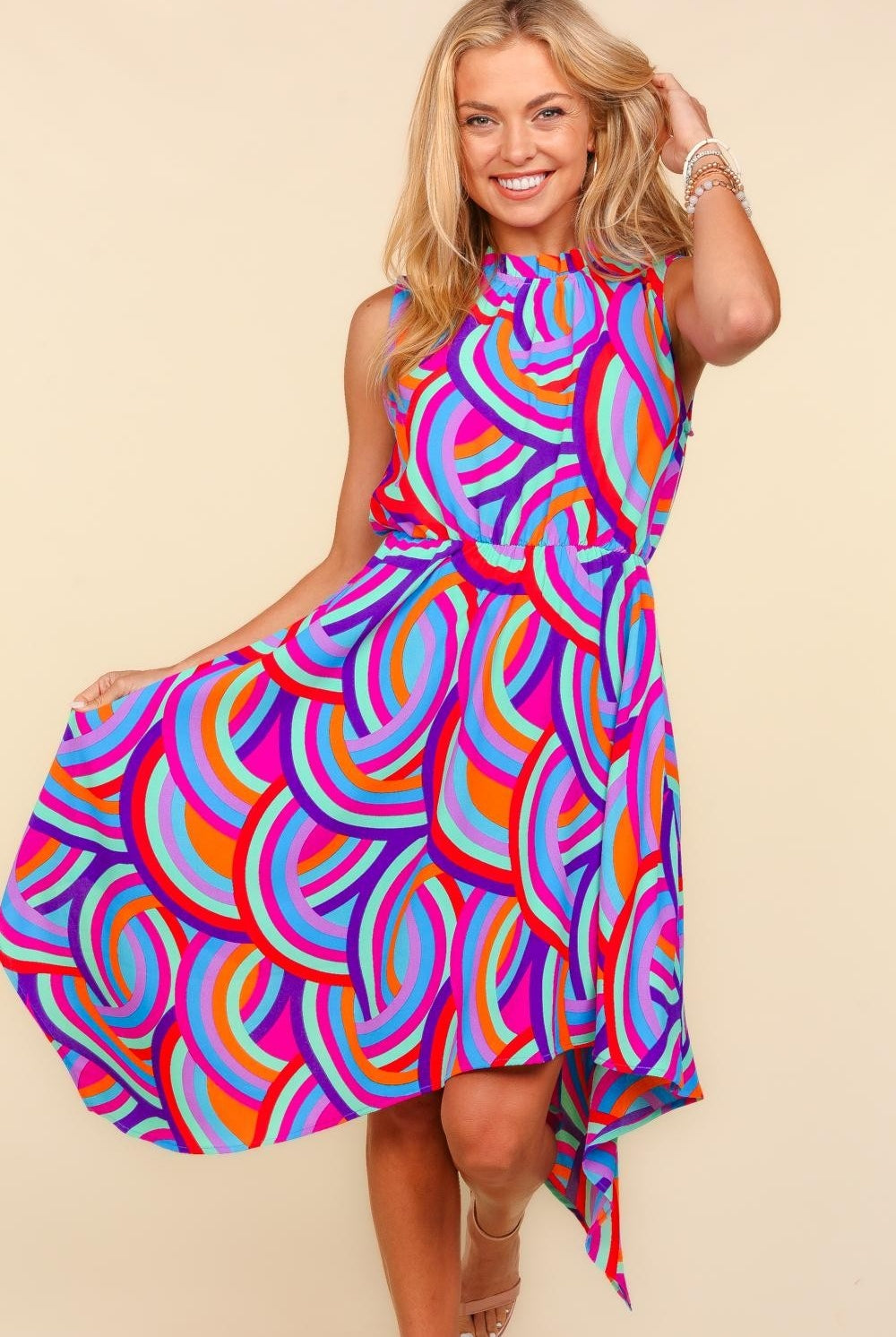 Haptics Mock Neck Sleeveless Printed Dress in Blue and Orange