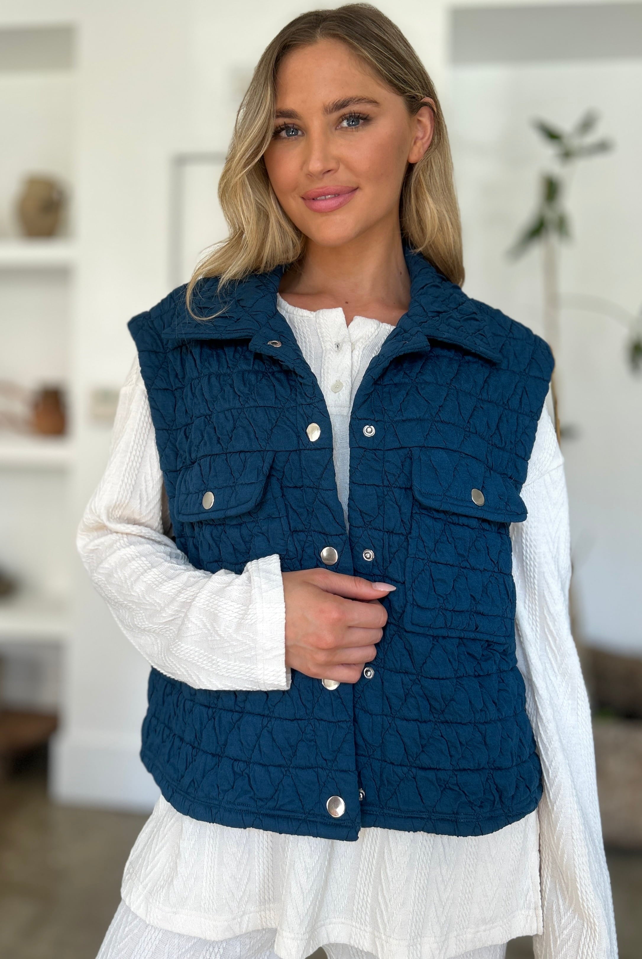Quilted Textured Peacock Blue Vest with Button Snaps