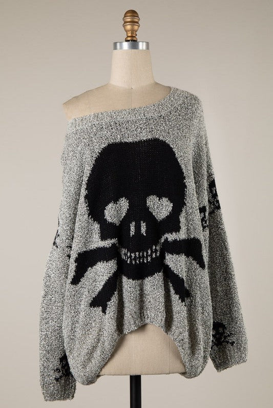Love And Pirates Chenille Skull Sweater in Gray (front)
