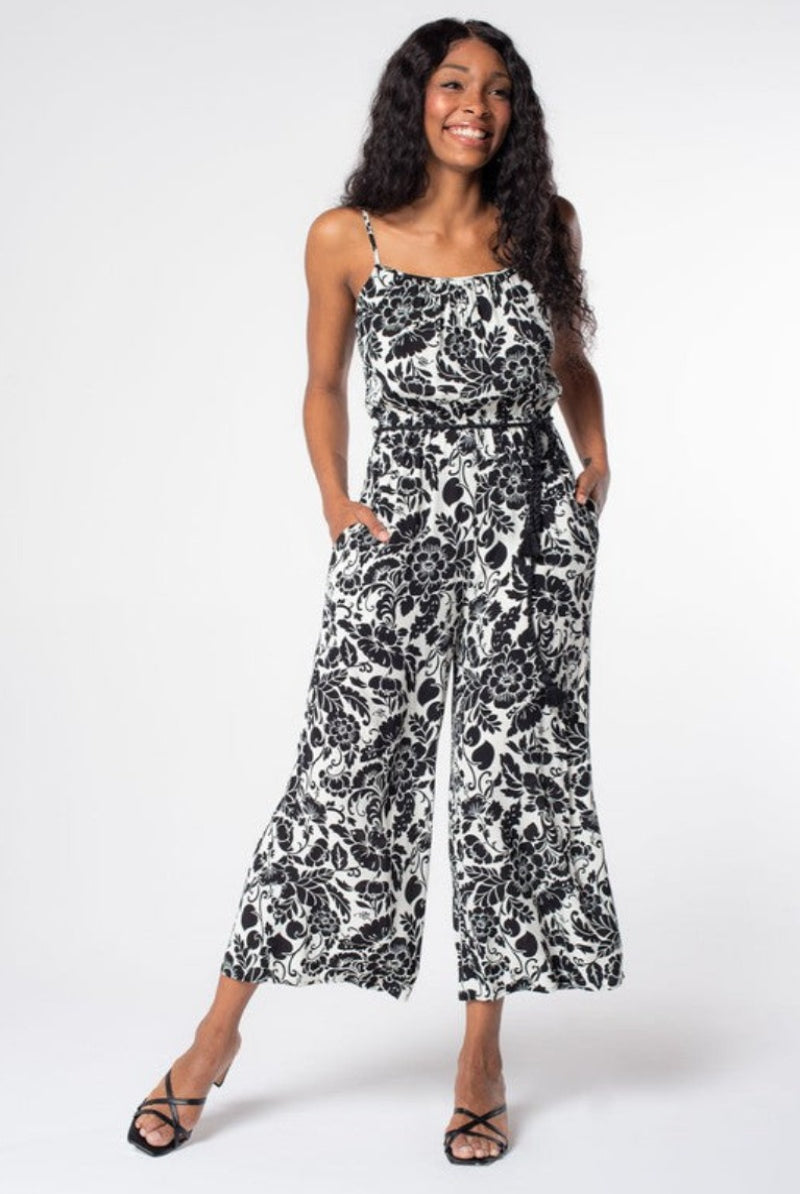 Isabella Black and White Floral Wide Leg Jumpsuit (wide leg stance)