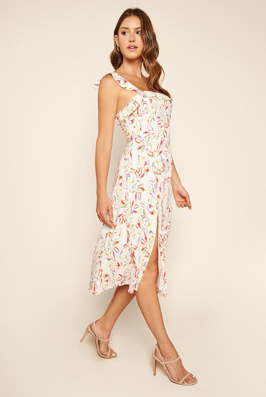 Carmen Ruffle Trim Midi Dress with Colored Floral Print (side profile)