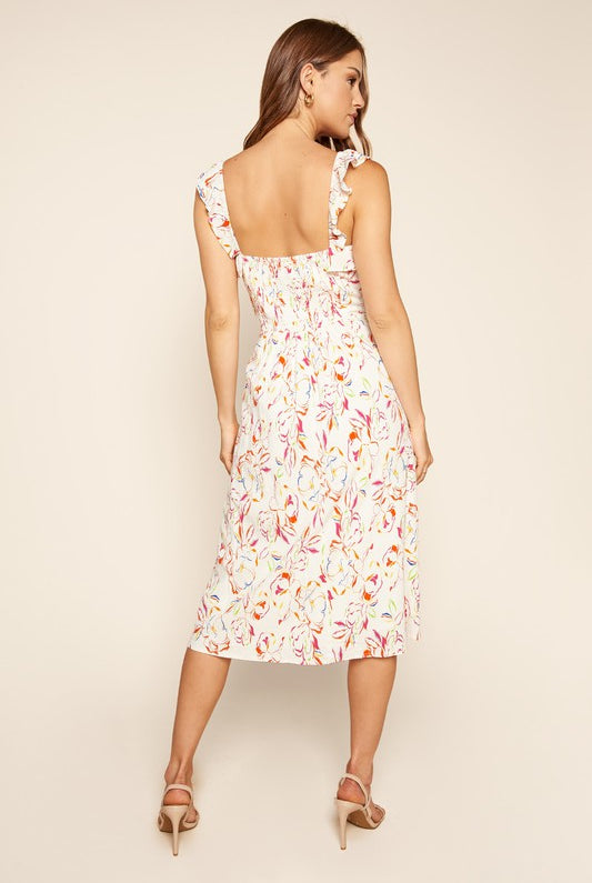Carmen Ruffle Trim Midi Dress with Colored Floral Print (Back view)