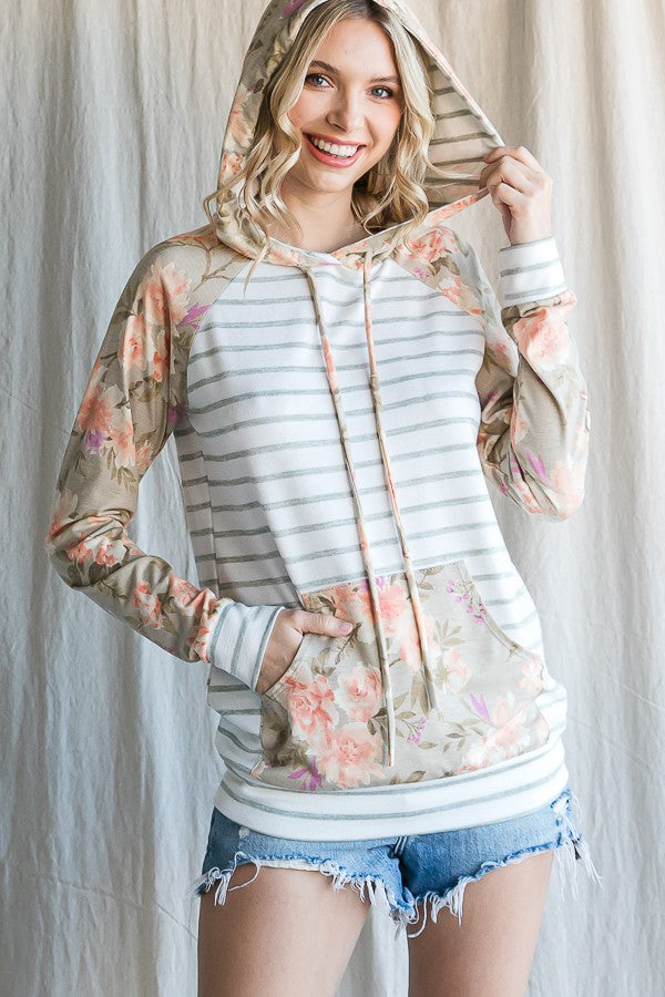 Emily Mixed Media Women's Drawstring Hoodie (contrasting print)