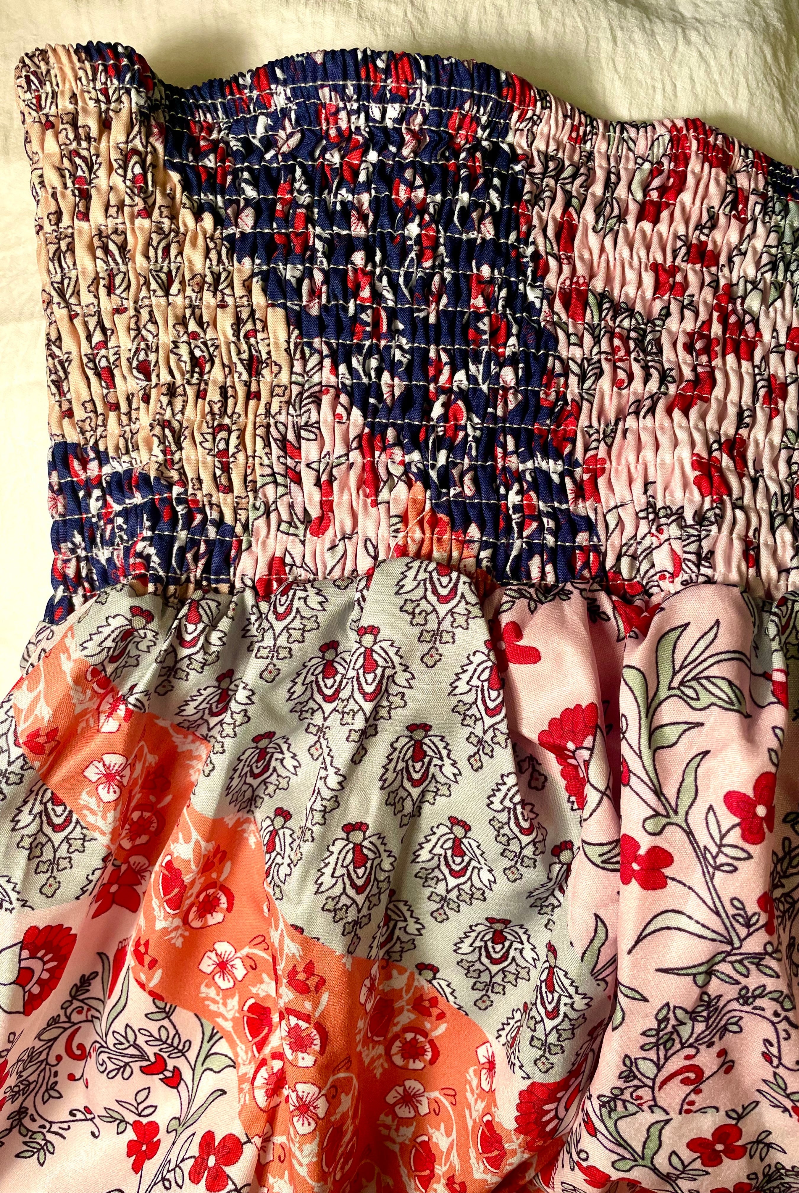 Calypso Long Boho Skirt in Multi-Color Pattern Tiers (smocked waist detail)