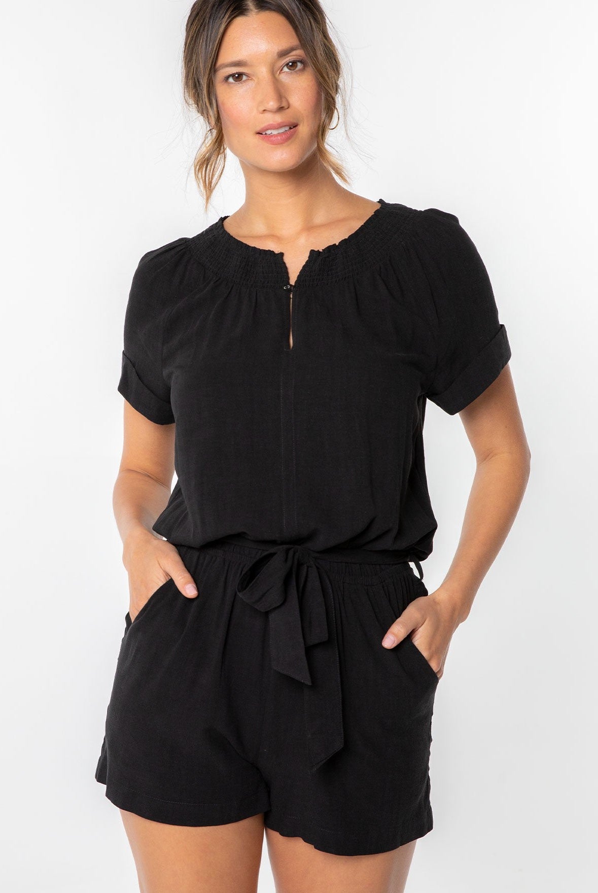 Luna The Linen Blend Smocked Romper from Lovestitch (front detail)