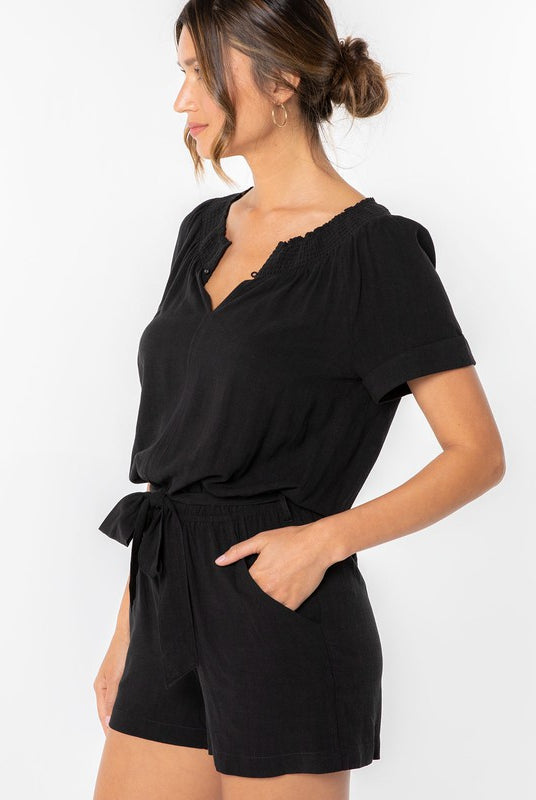 Luna The Linen Blend Smocked Romper from Lovestitch (front side)