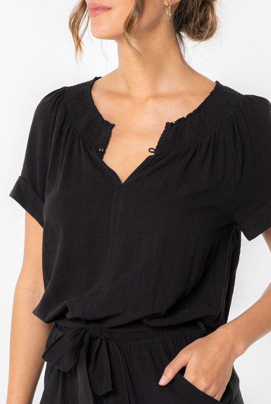 Luna The Linen Blend Smocked Romper from Lovestitch (neckline)