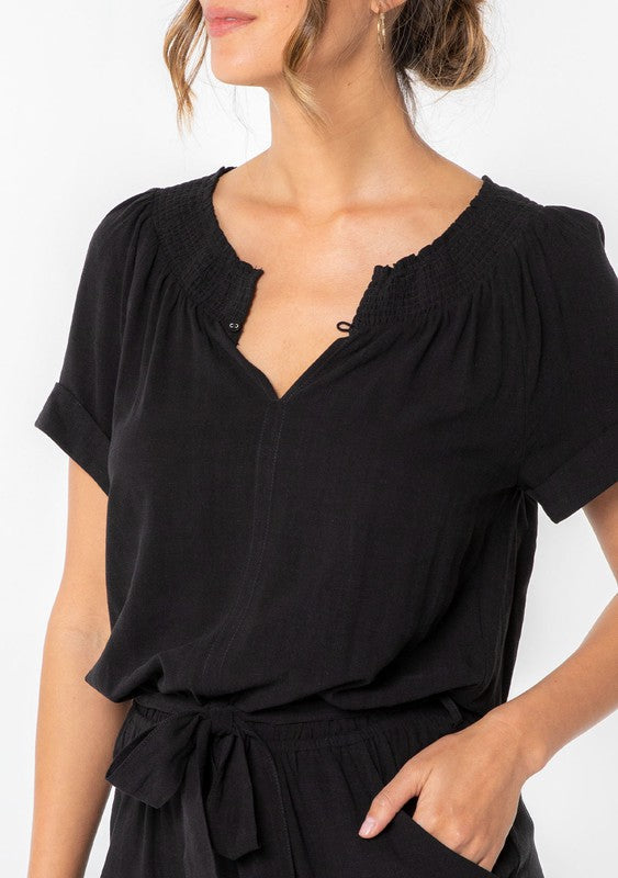 Luna The Linen Blend Smocked Romper from Lovestitch (neckline)