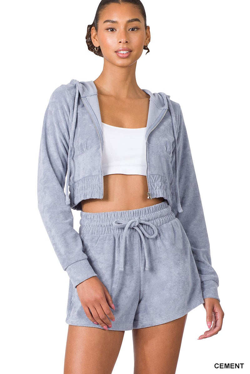 Cropped Zip Up Hoodie & Shorts Set in Soft Gray Loop Terrycloth (unzipped)