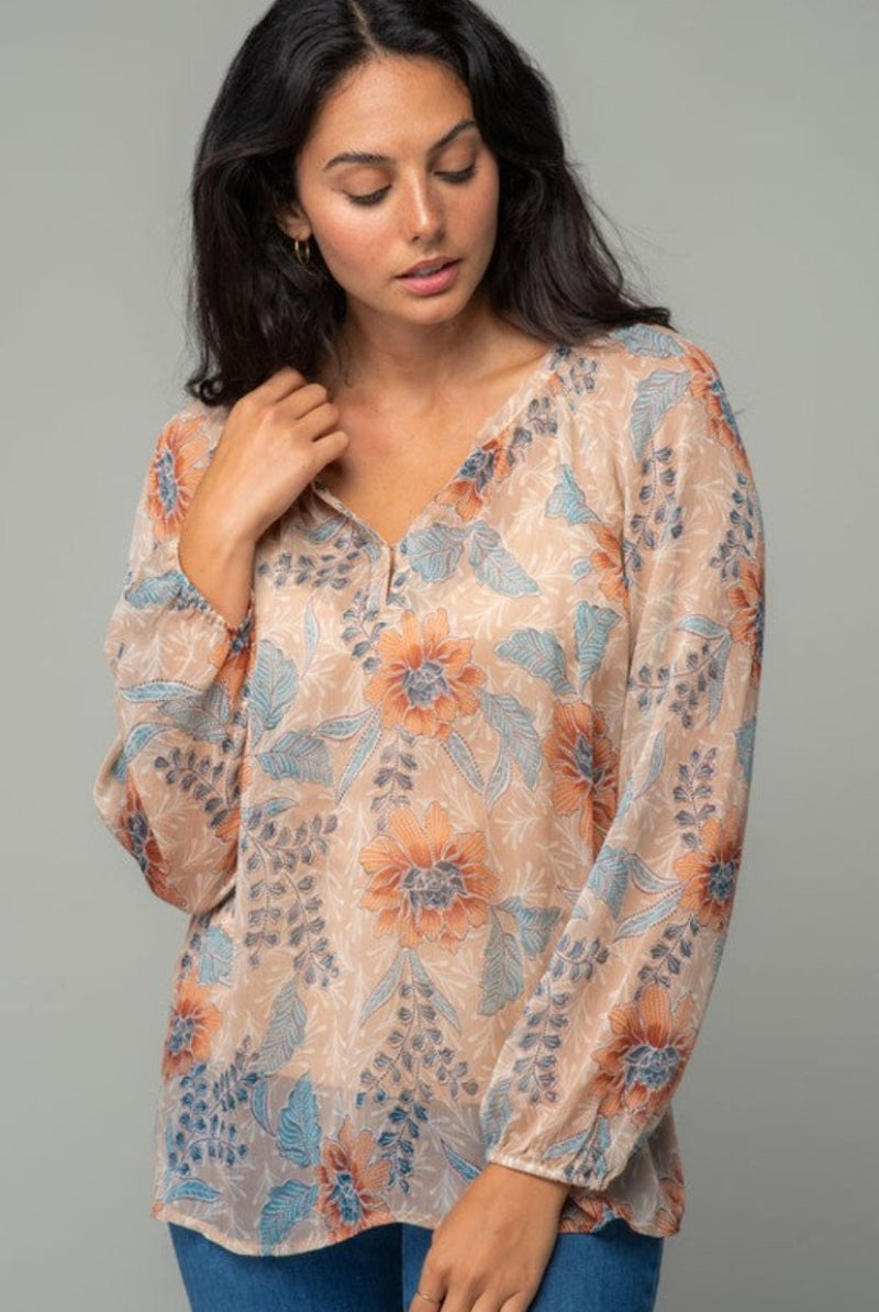 Sunkissed Peony Chiffon Blouse from Lovestitch (front untucked)