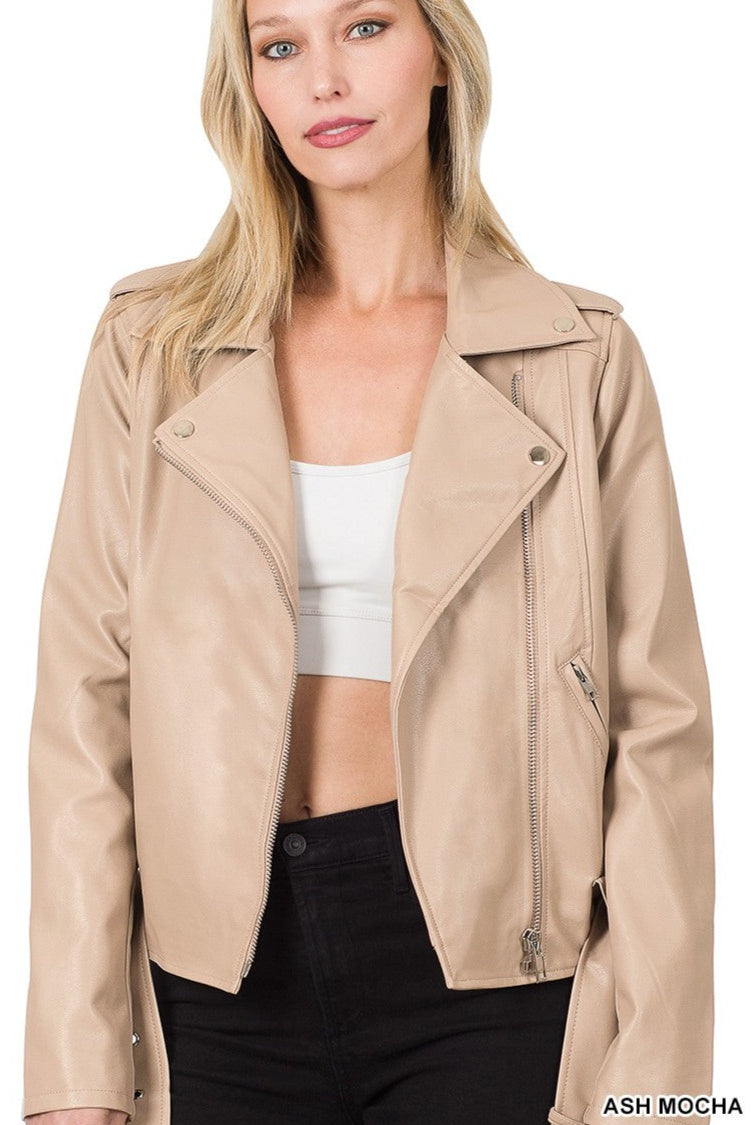 Vegan Ash Mocha Leather Belted Moto Jacket (open)