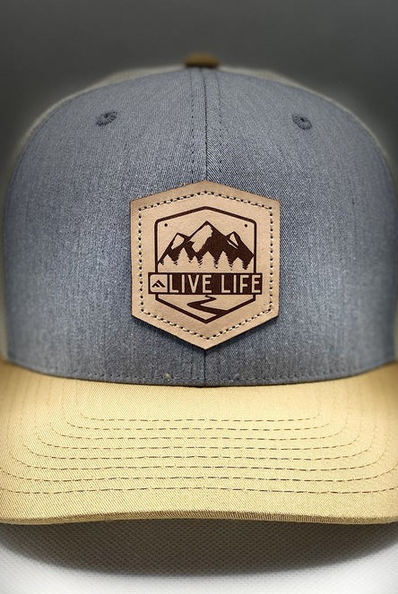Live Life El Cap Leather Emblem Trucker Hat (Emblem Detail)