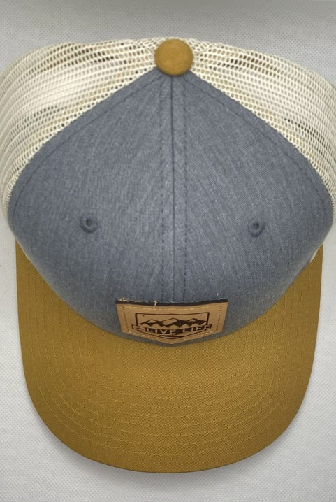 Live Life El Cap Leather Emblem Trucker Hat (Top view)