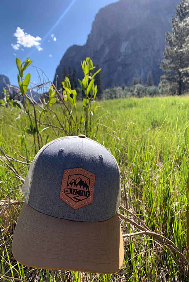 Live Life El Cap Leather Emblem Trucker Hat (view from Yosemite Valley)