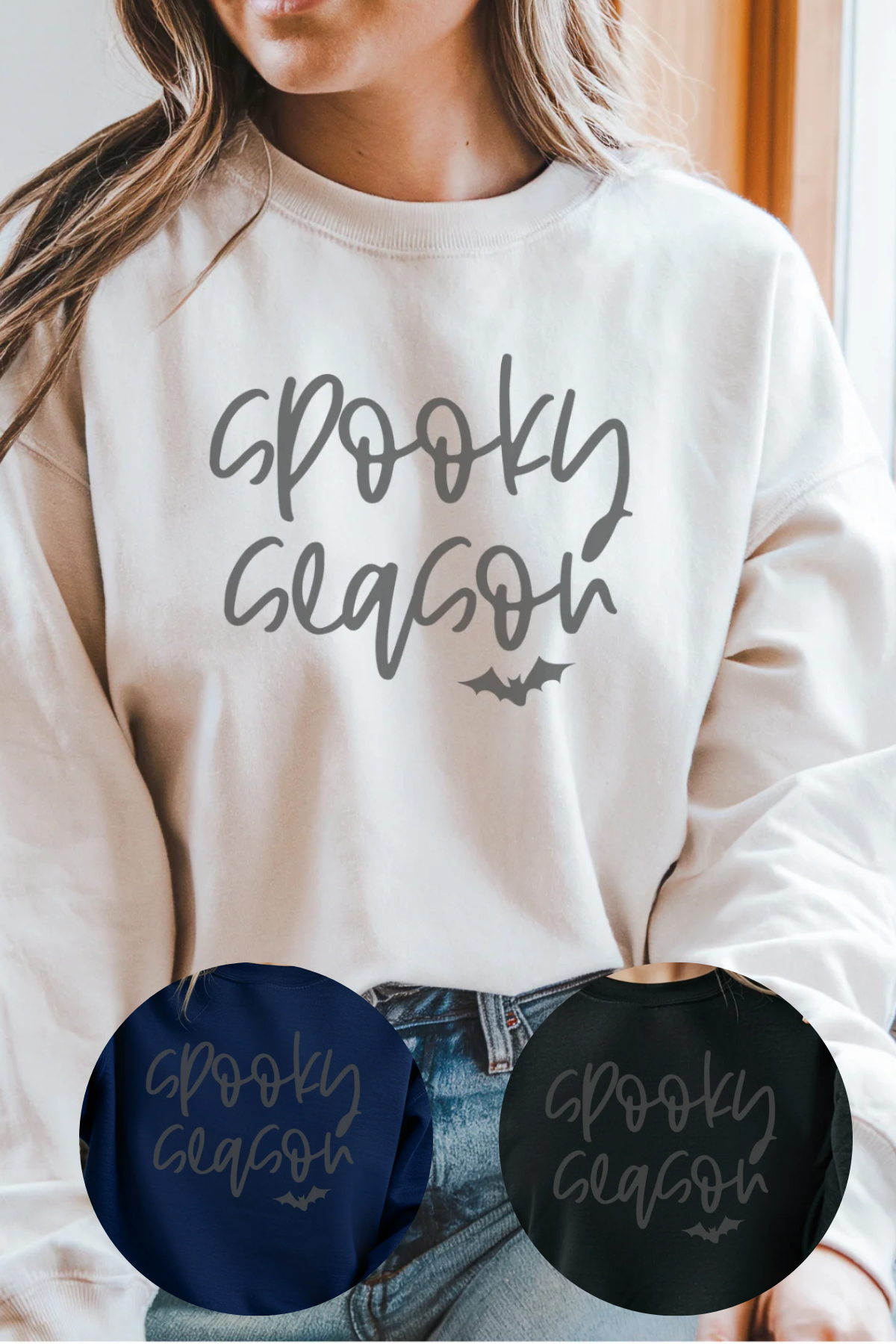 Beige sweatshirt with 'Spooky Season' text, held by a person, with color swatches below.