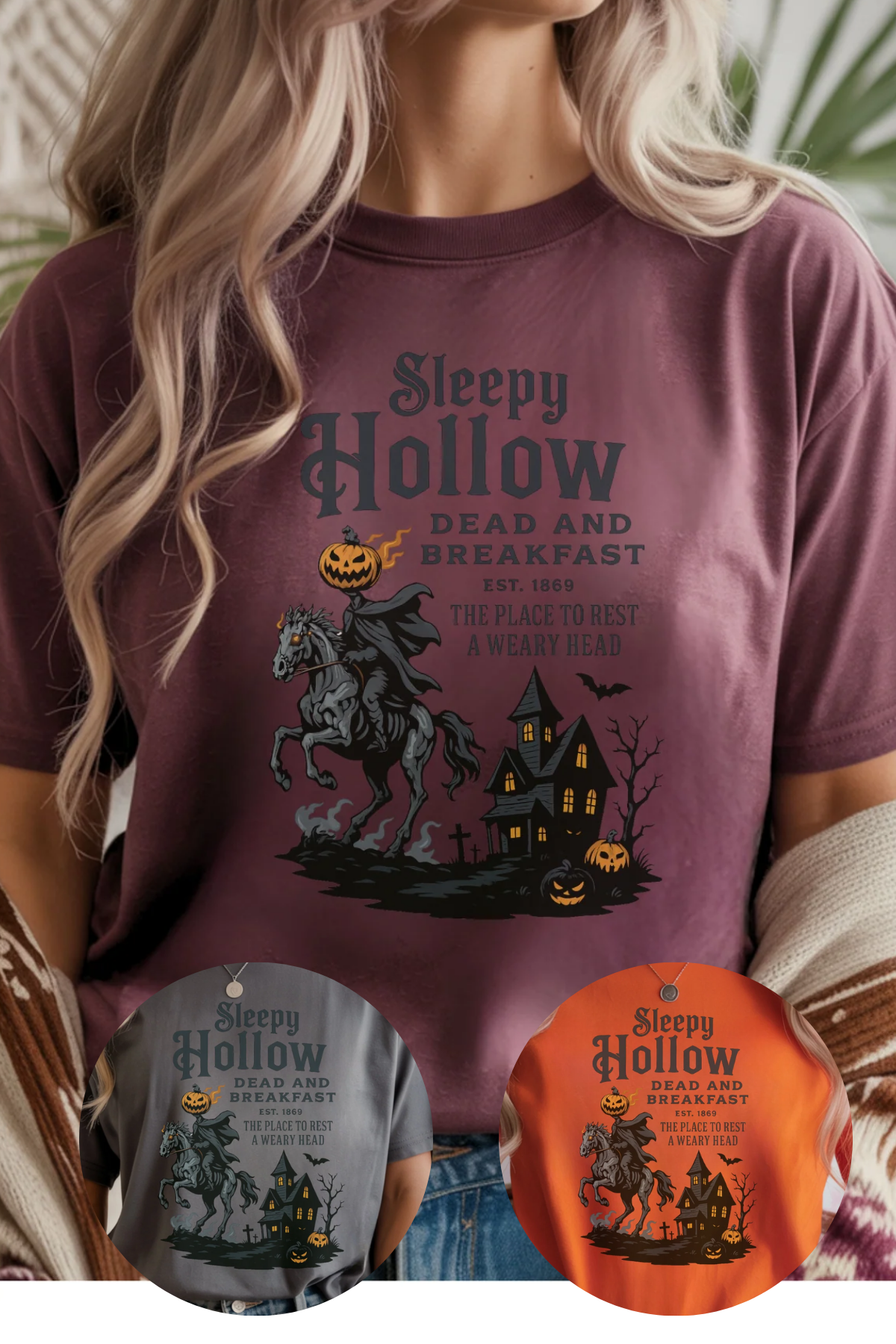 Person wearing a purple 'Sleepy Hollow' t-shirt with graphics of a horse and haunted house, surrounded by smaller images of the shirt in gray and orange.