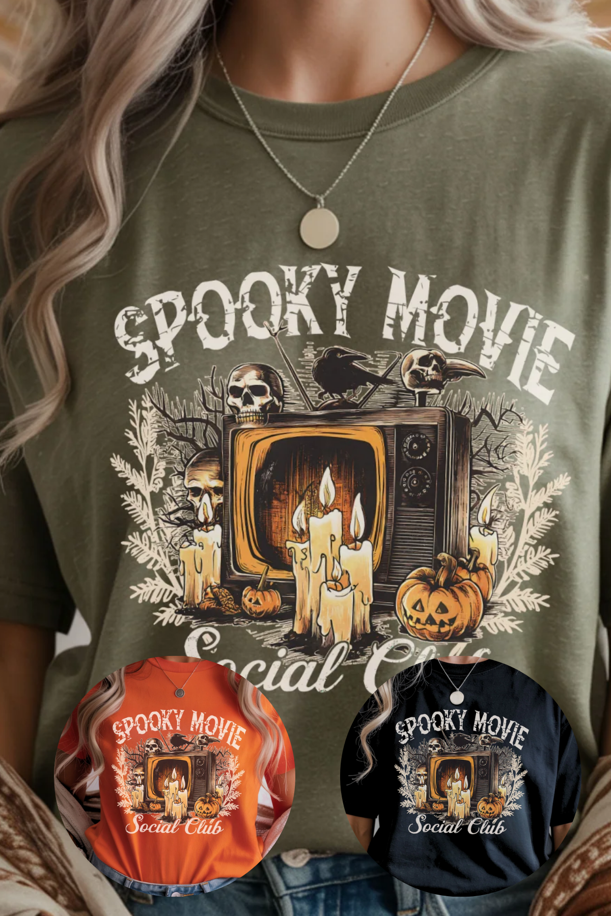 Green t-shirt with 'Spooky Movie Social Club' graphic design featuring a television, pumpkins, and candles.