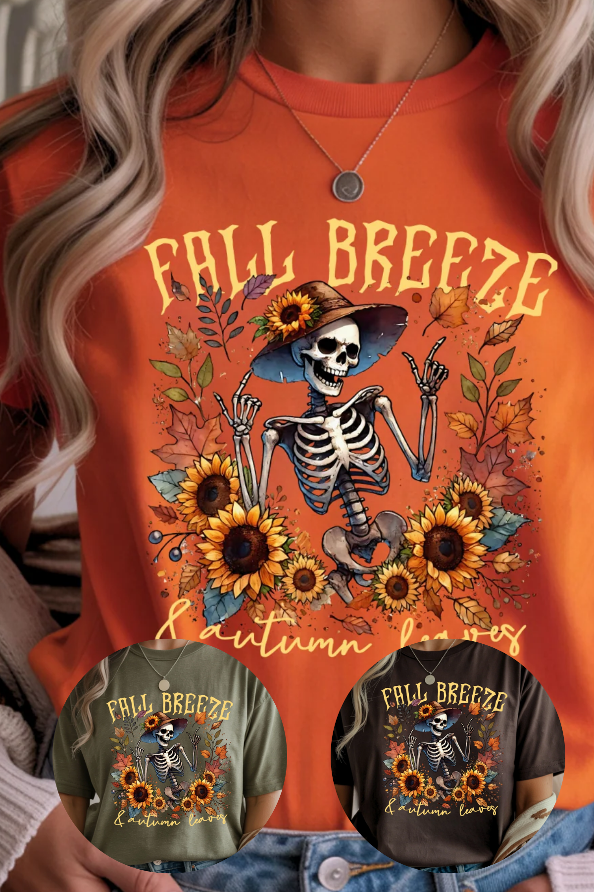 Orange t-shirt with skeleton design and 'Fall Breeze' text, surrounded by sunflowers.