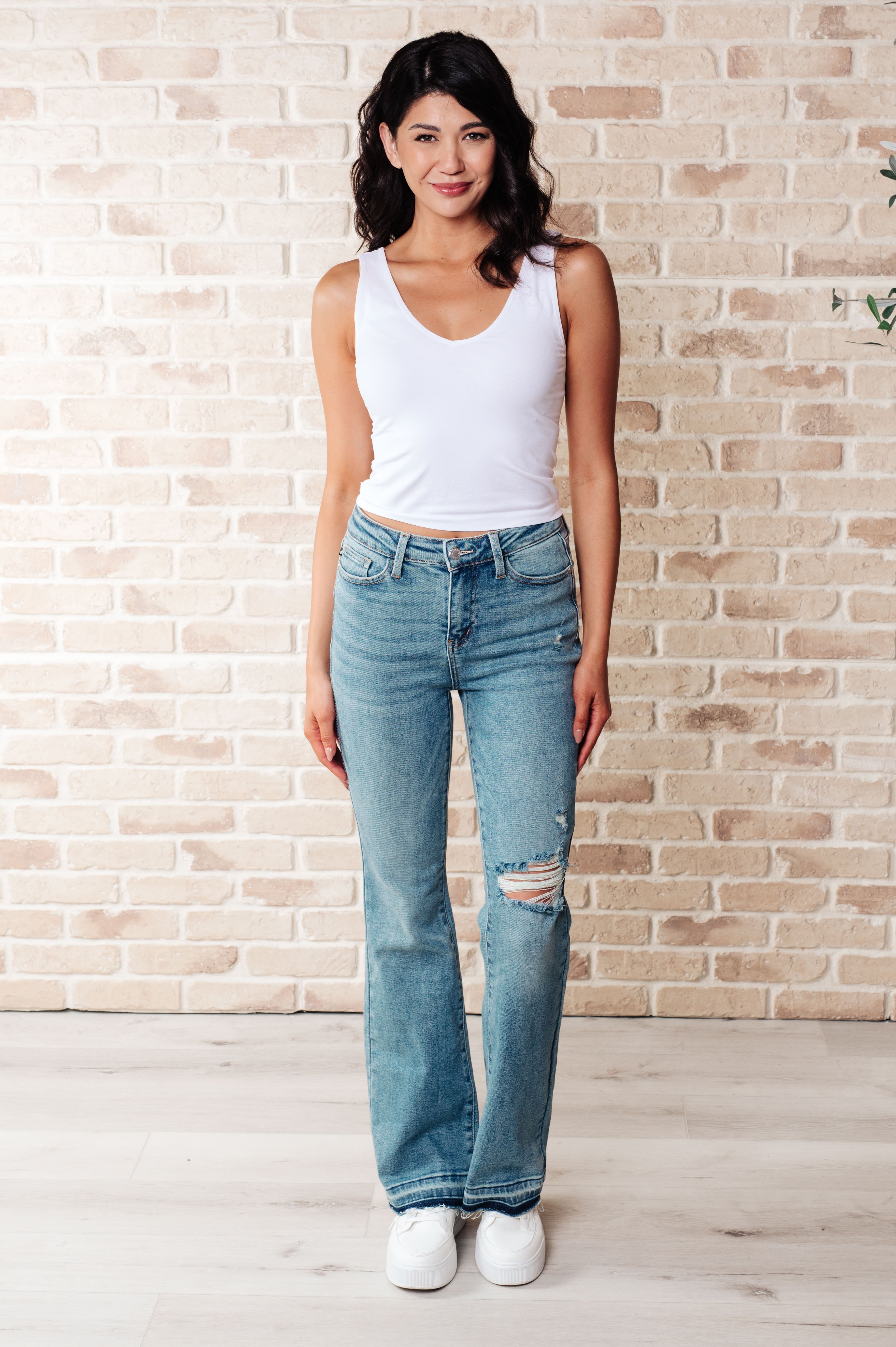 Judy Blue Mid Rise Distressed Released Hem Bootcut Jeans - Isla