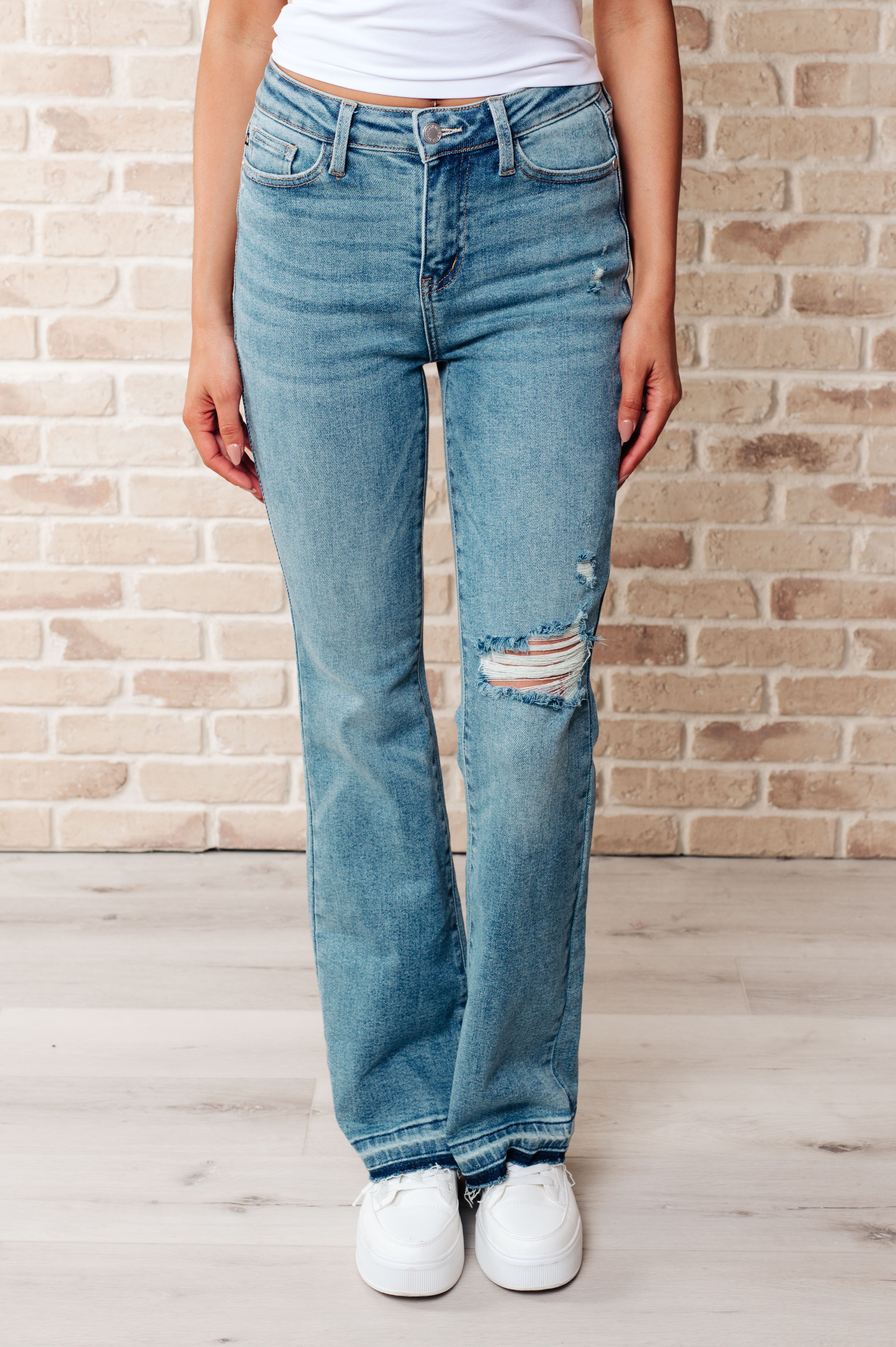 Judy Blue Mid Rise Distressed Released Hem Bootcut Jeans - Isla