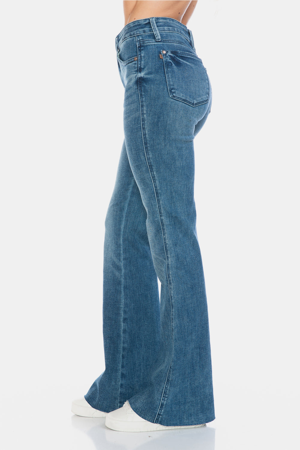 Judy Blue Mid Rise Tummy Control Cut Hem Flare Jeans in Judy Blue Mid Rise Tummy Control Cut Hem Flare Jeans in