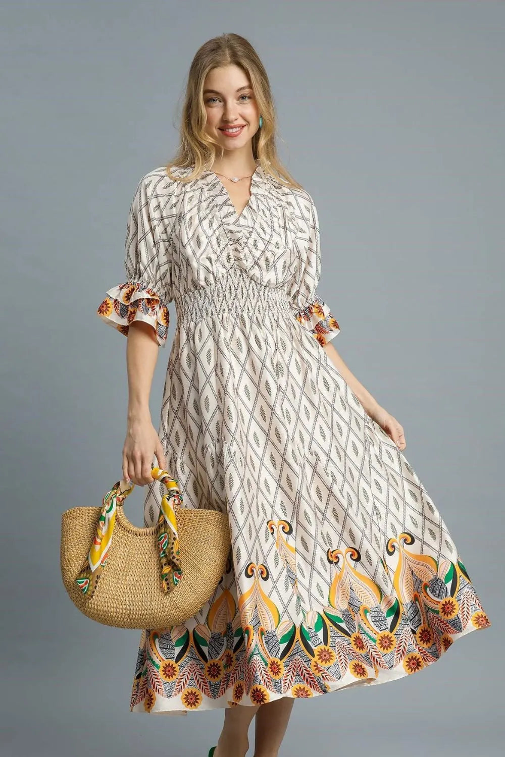 Umgee Printed Smocked Waist Flounce Sleeve Midi Dress in Ivory
